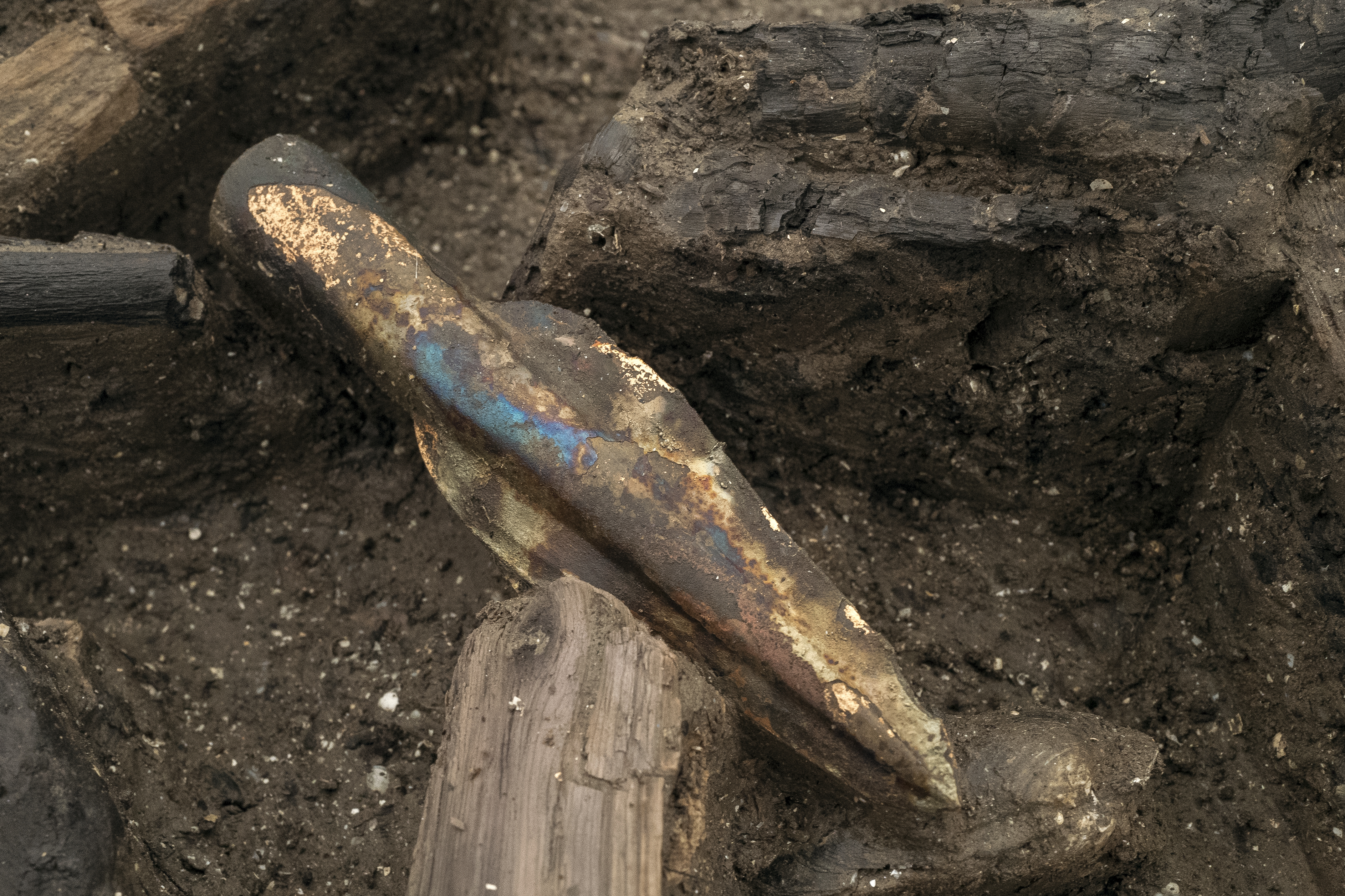 A spearhead at the Must Farm excavation site. (Cambridge Archaeological Unit/ PA)