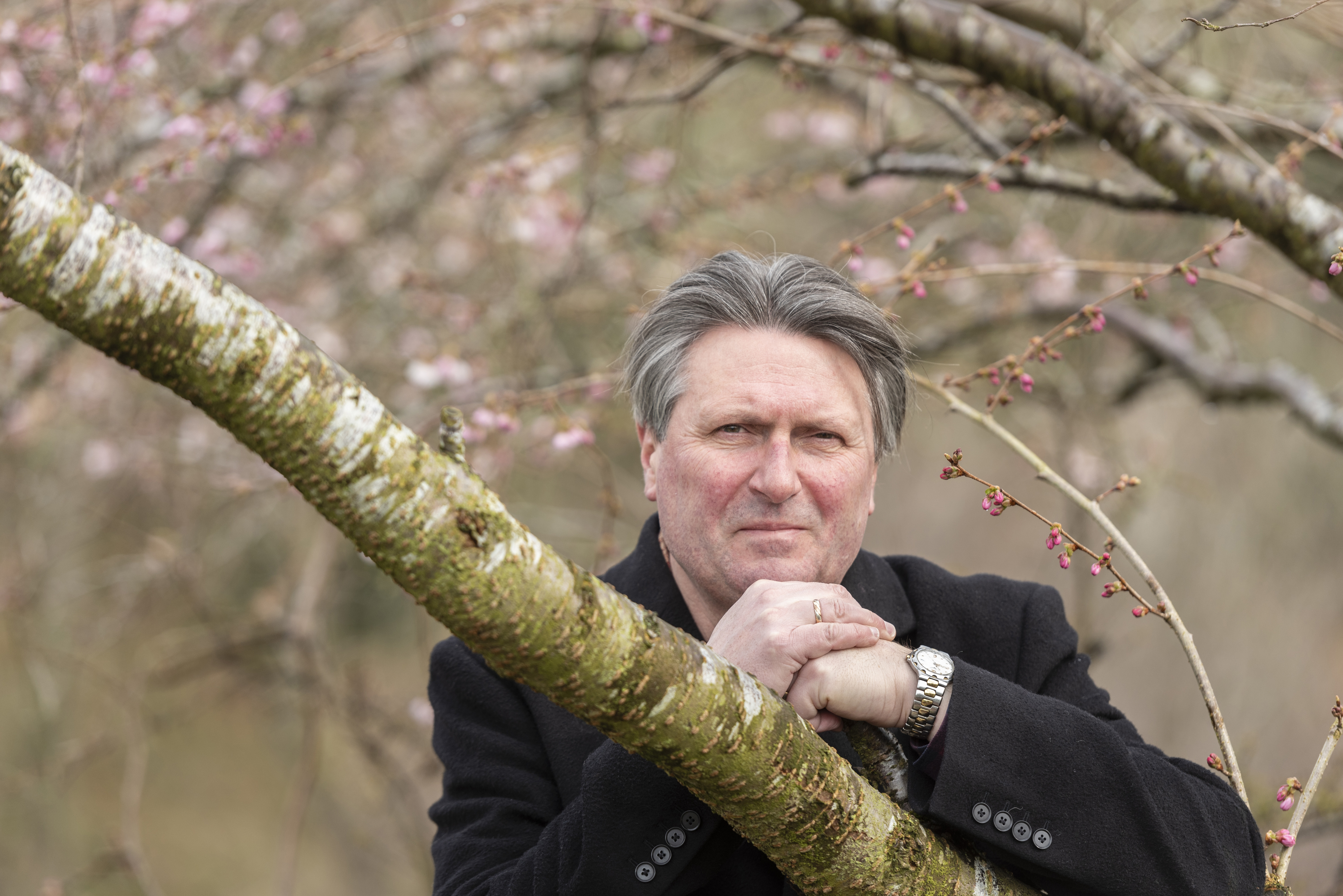 Poet laureate Simon Armitage leans on a tree branch with blossom in the background