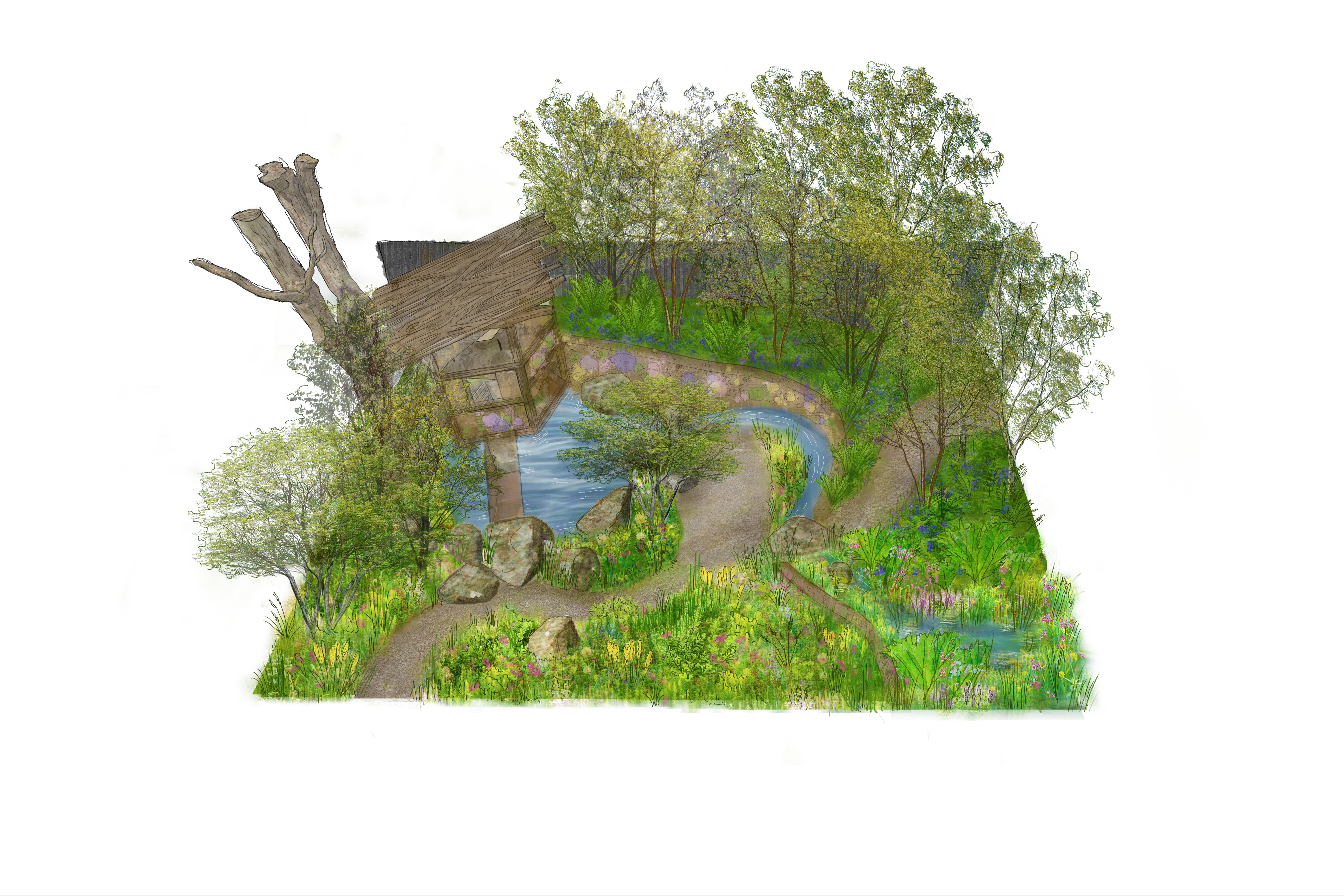 Design image of the No Adults Allowed garden featuring trees, meadow and a water feature with den