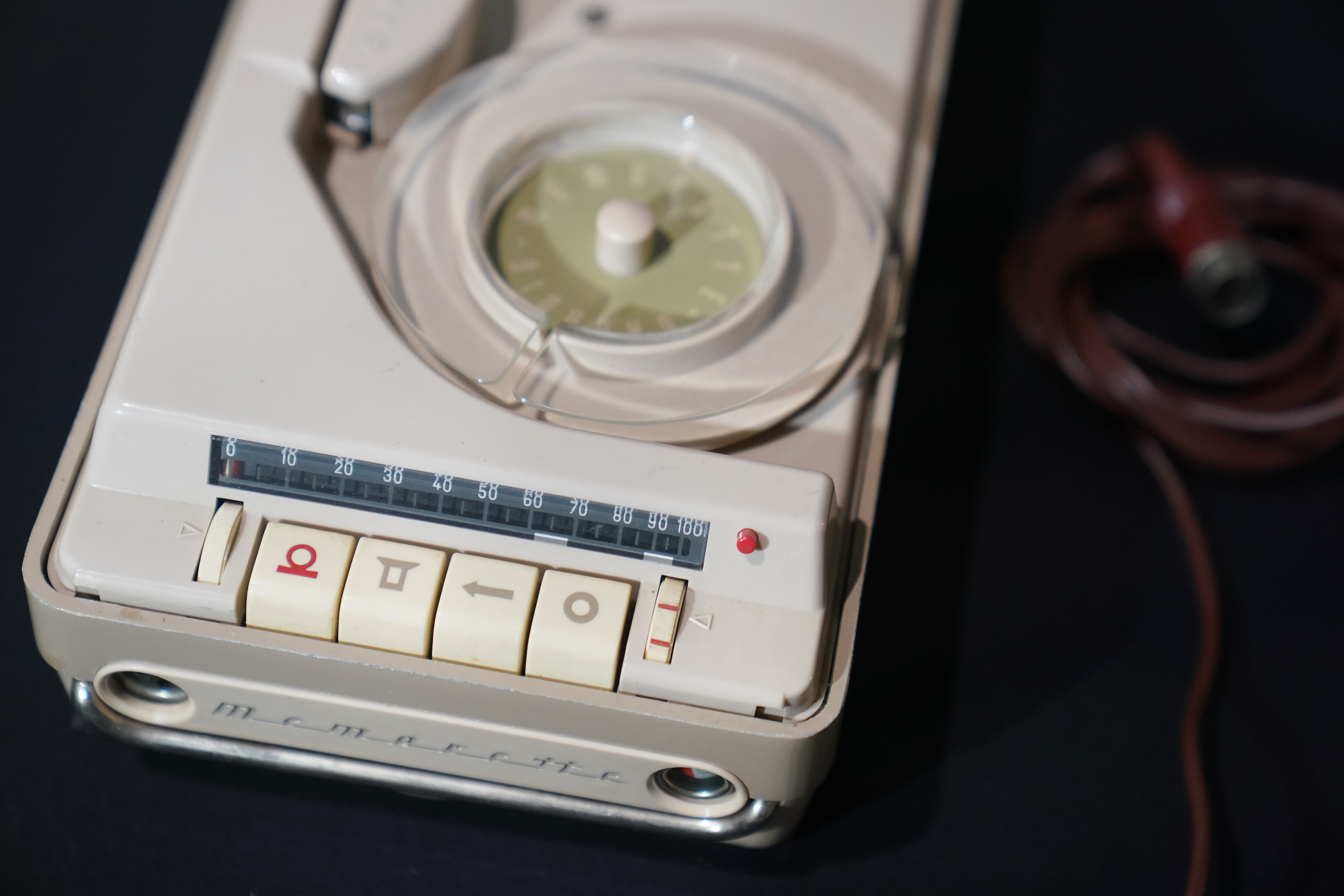 Agatha Christie's 1959 Grundig Memorette portable dictating machine and microphone during a preview of Murder by the Book: A Celebration of 20th Century Crime Fiction, a British crime writing exhibition at Cambridge University Library, which opens to the public on Saturday. (Joe Giddens/ PA)
