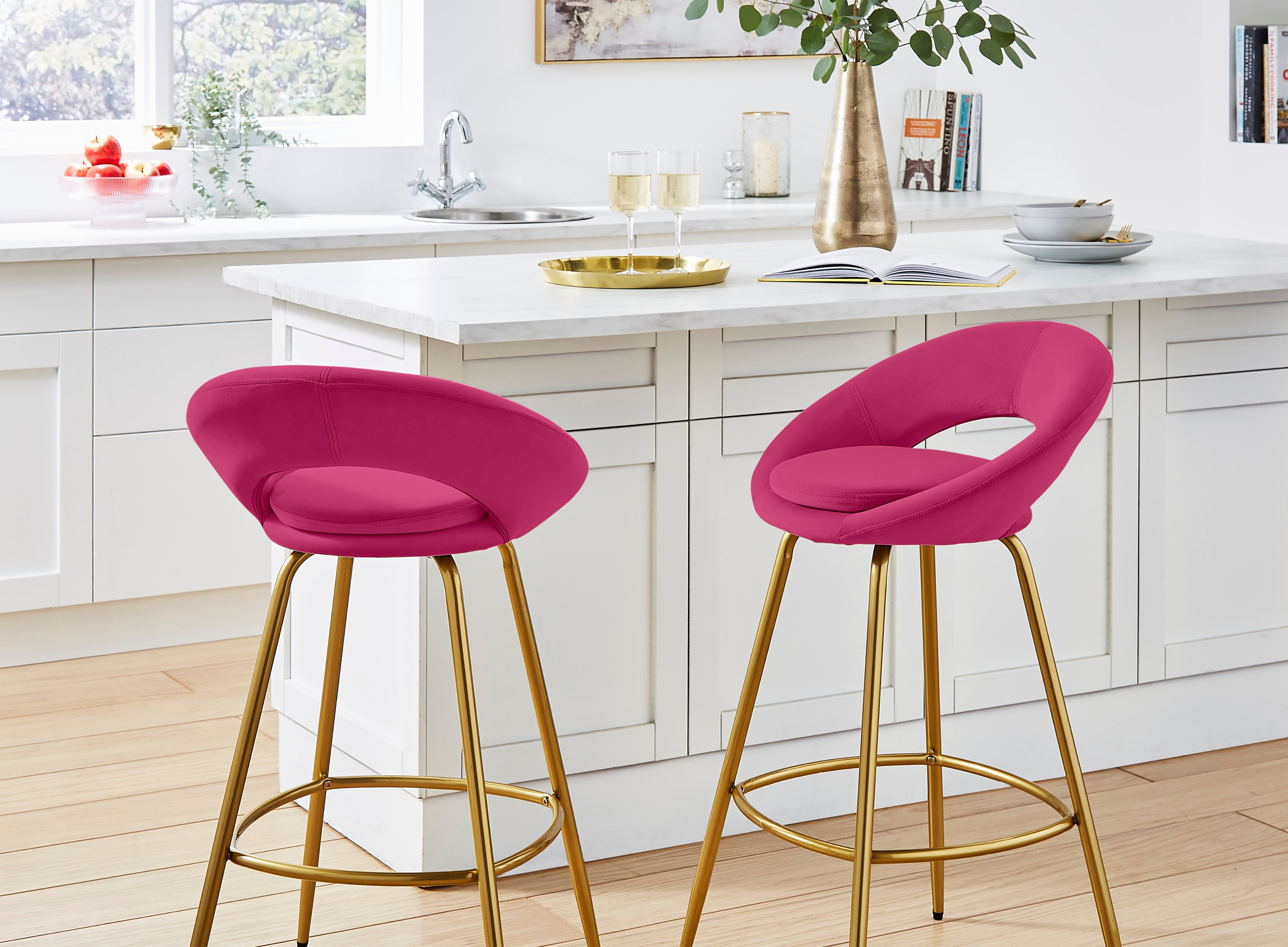 Lucie Bar Stool, Velvet, Magenta, Dunelm