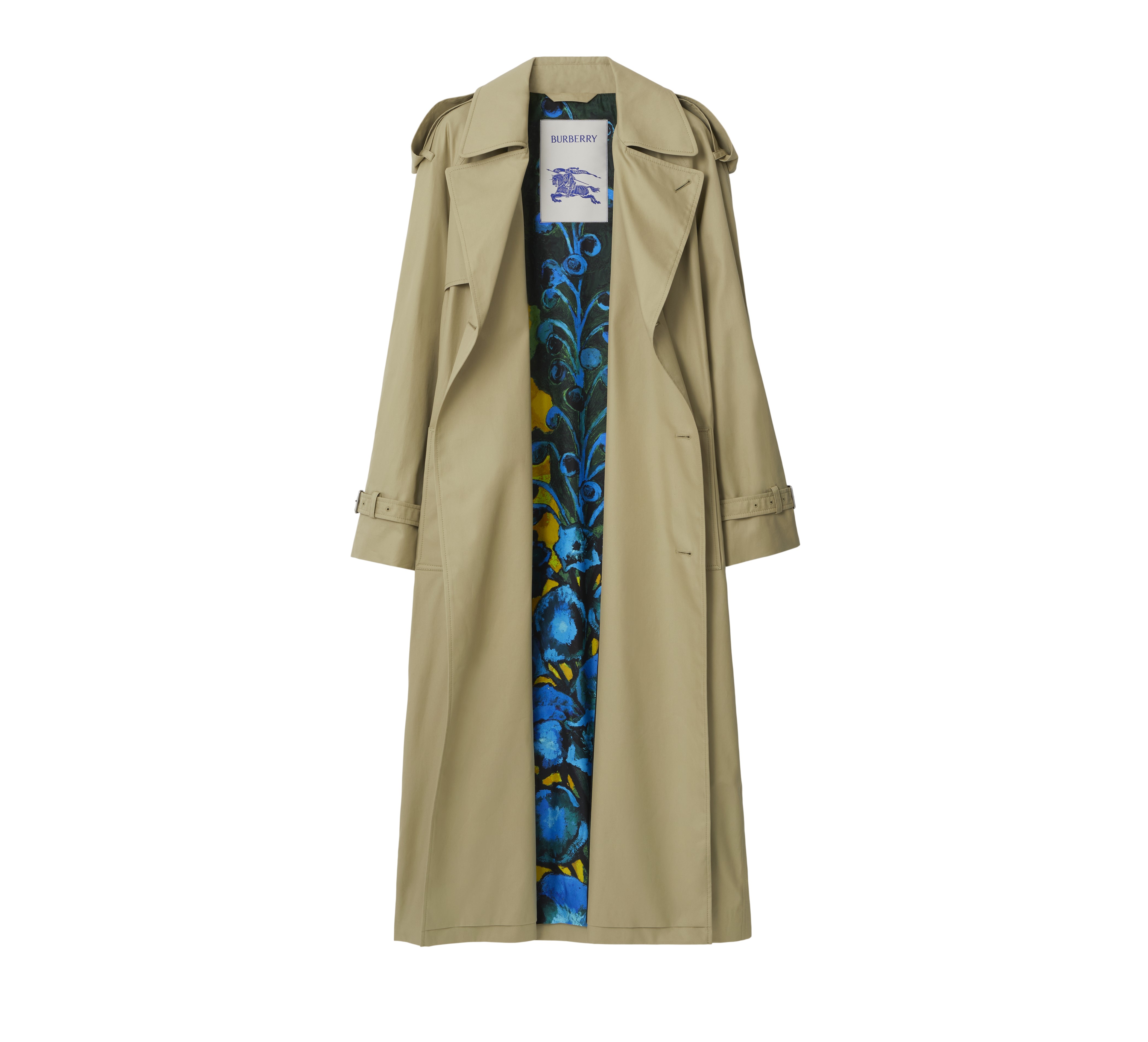 The Highgrove X Burberry trench in Hunter with wildflower meadow lining 