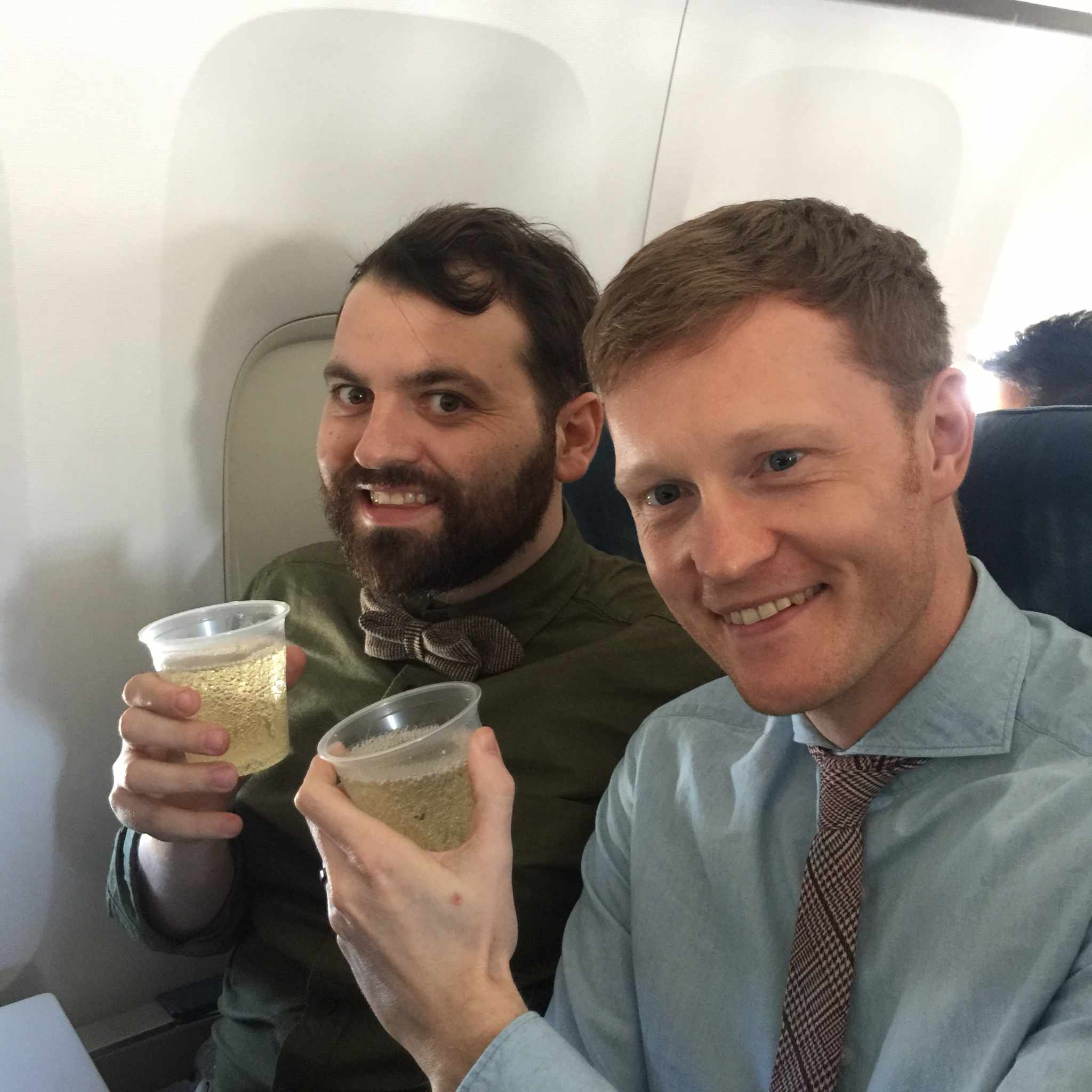 Same-sex couple toasting on an aeroplane
