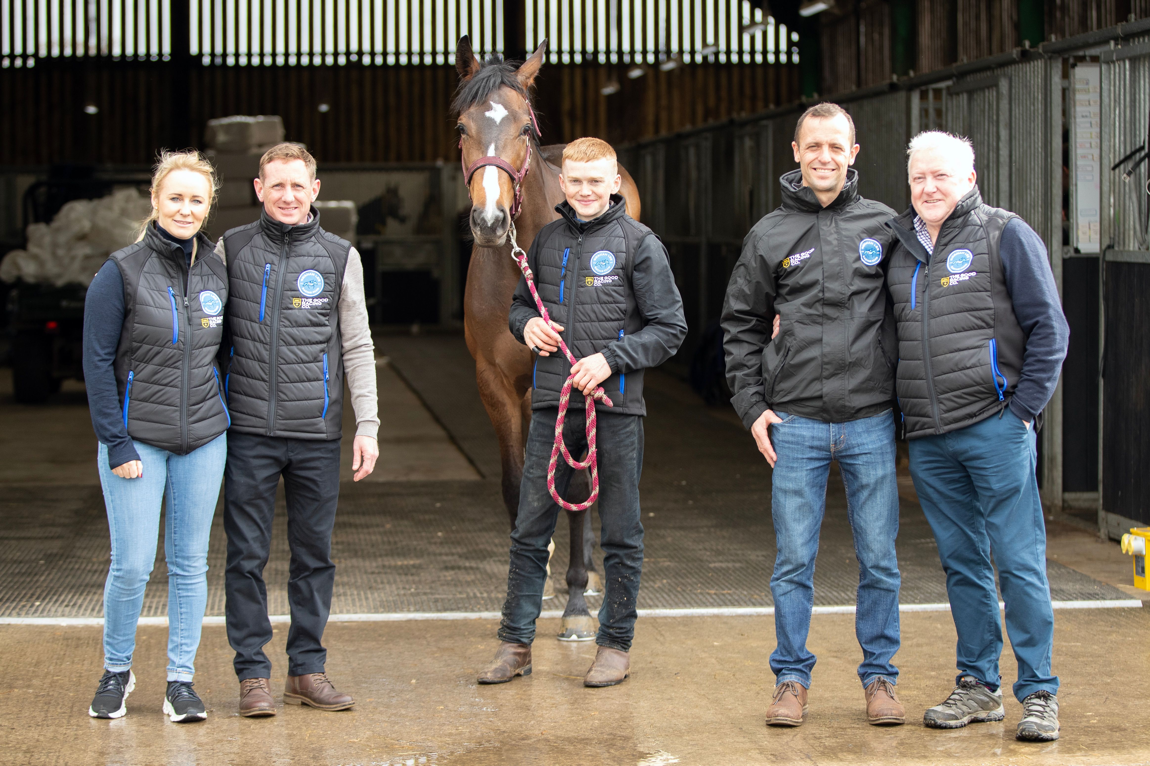 Club ambassador Adele Mulrennan with Paul Hanagan on the left with trainer Craig Lidster and Good Racing Company founder Phil Hawthorne on the right of William Pyle with We've Got This