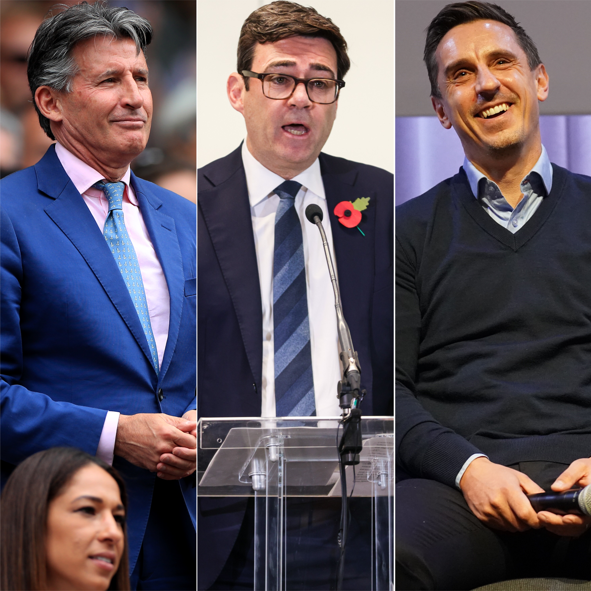 A composite image of Lord Coe, Andy Burnham and Gary Neville, who are members of a Manchester United task force