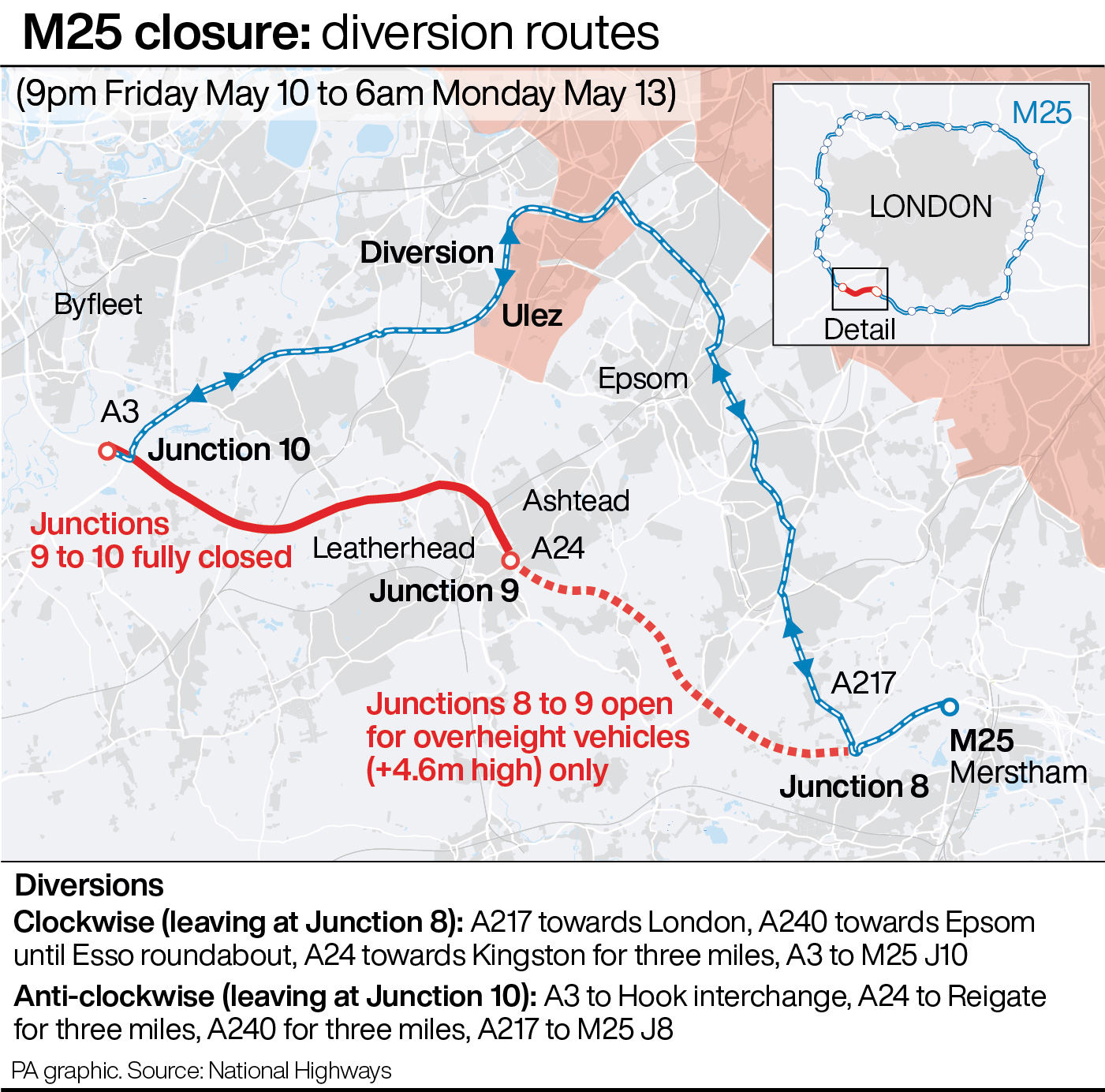 A graphic showing the diversion route during the M25 closure