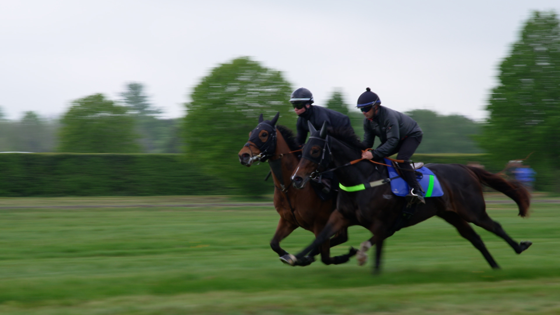 Asfoora (right) working on the gallops at Newmarket