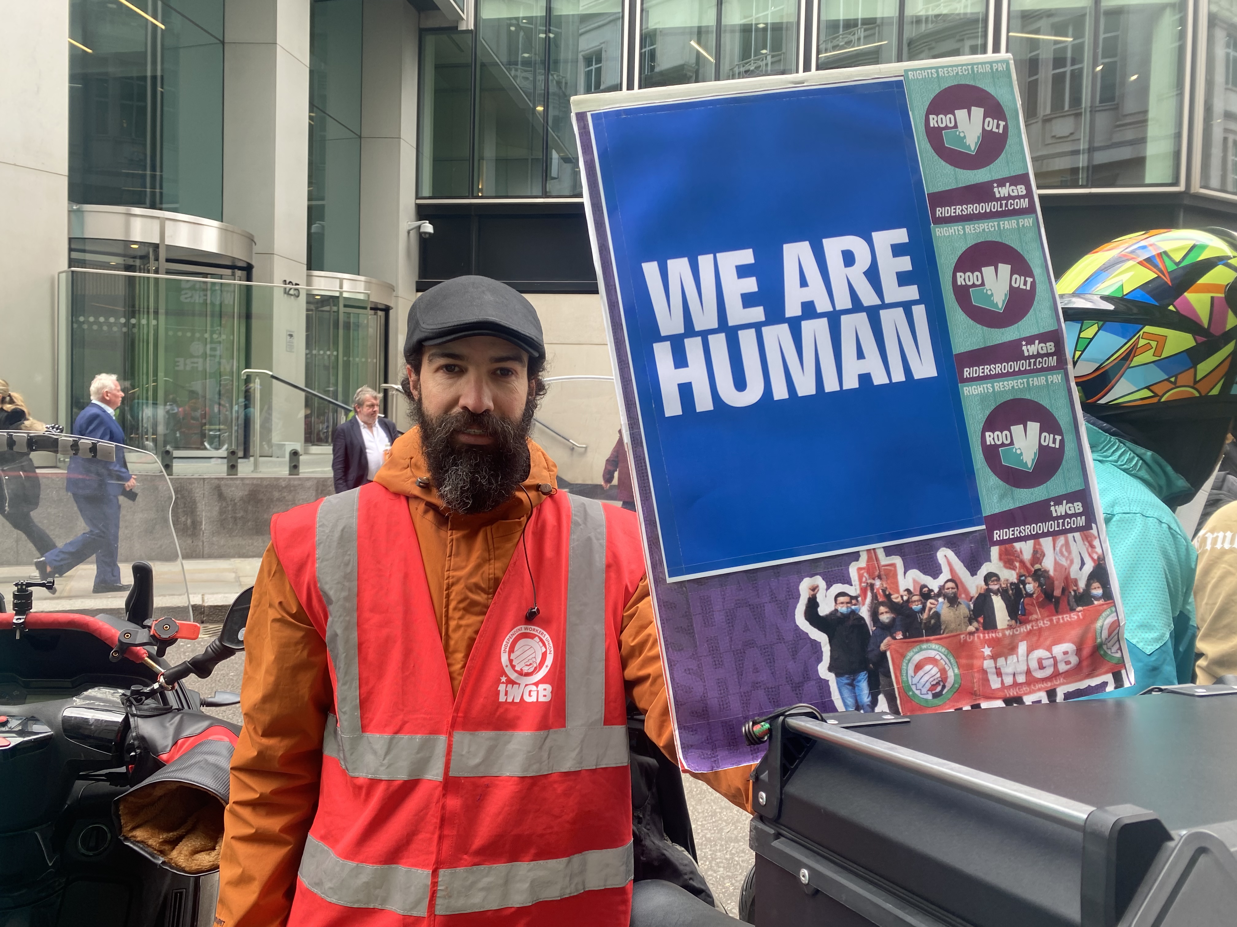 Celestino Pereira, 41, who has worked for Deliveroo for five years at the protest. (Rebecca Speare-Cole/PA)