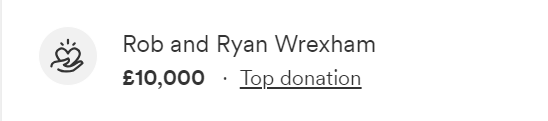Screenshot of a donation made by Ryan Reynolds and Rob McElhenney