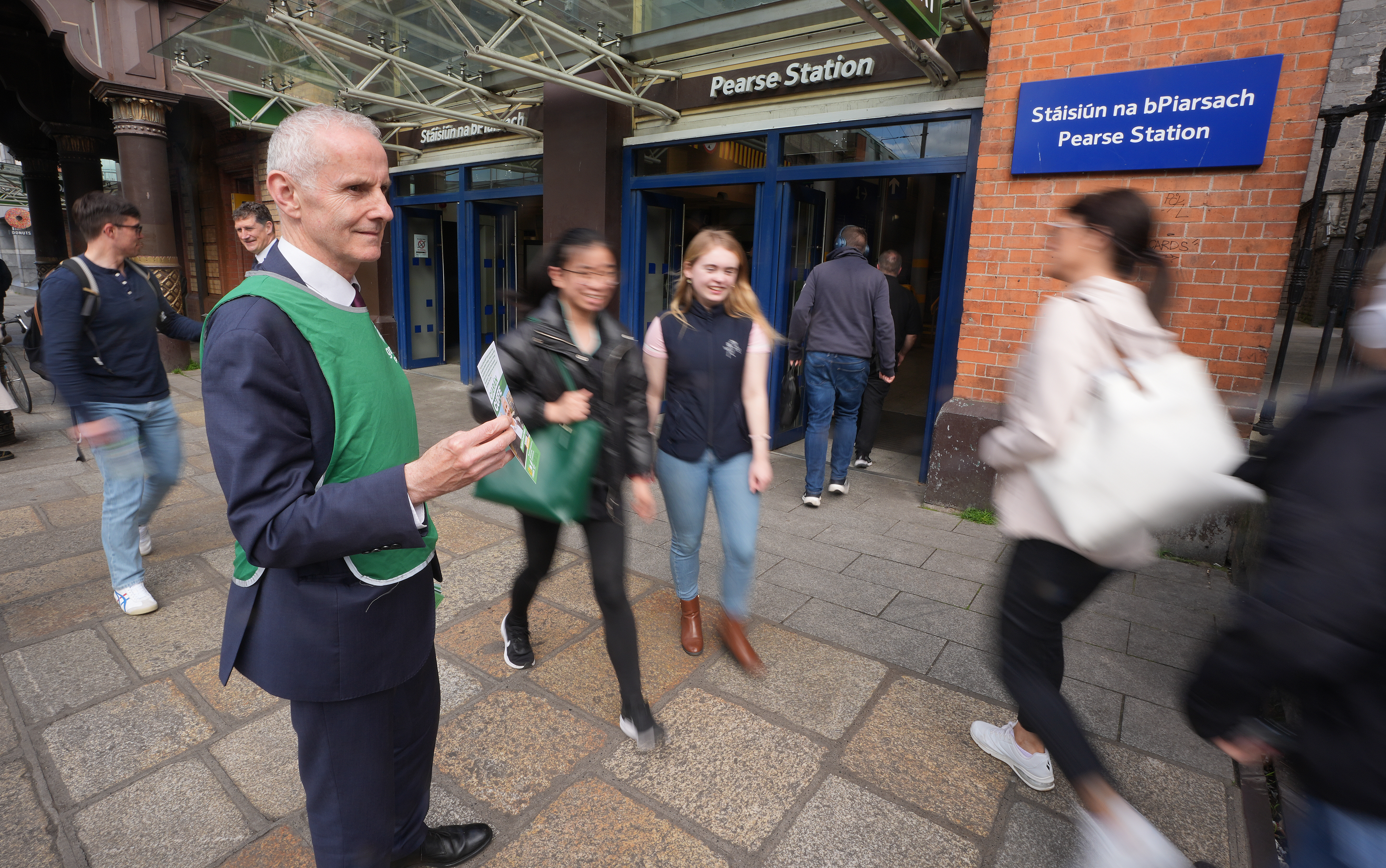 Ciaran Cuffe canvassing commuters at Pearse Station in Dublin 