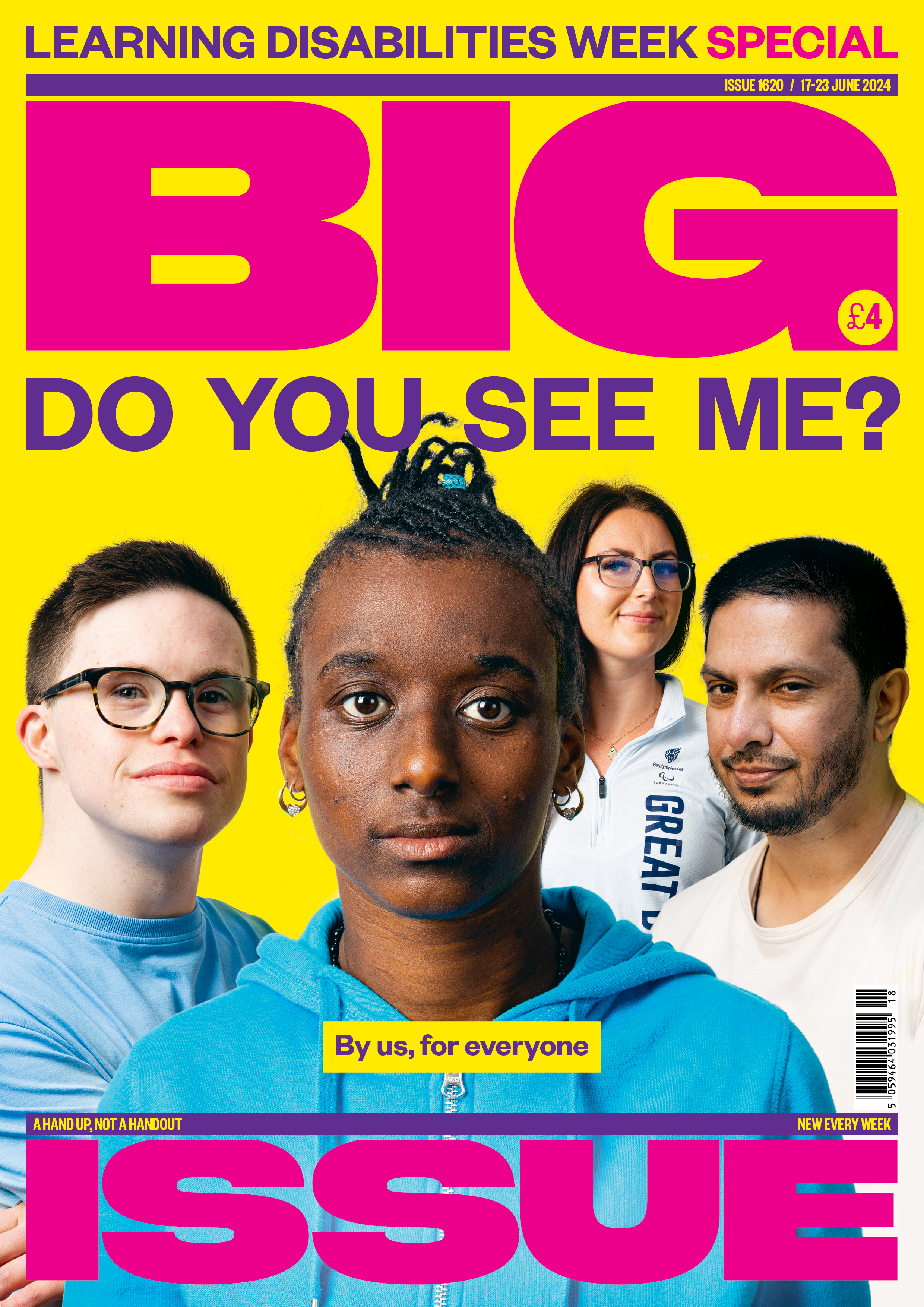 A front cover of Big Issue magazine with four people with learning disabilities and the words Do You See Me