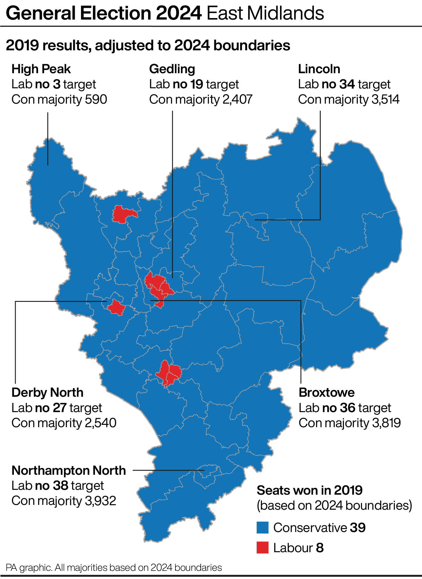 A nap showing some of the key battleground seats in the East Midlands at the General Election