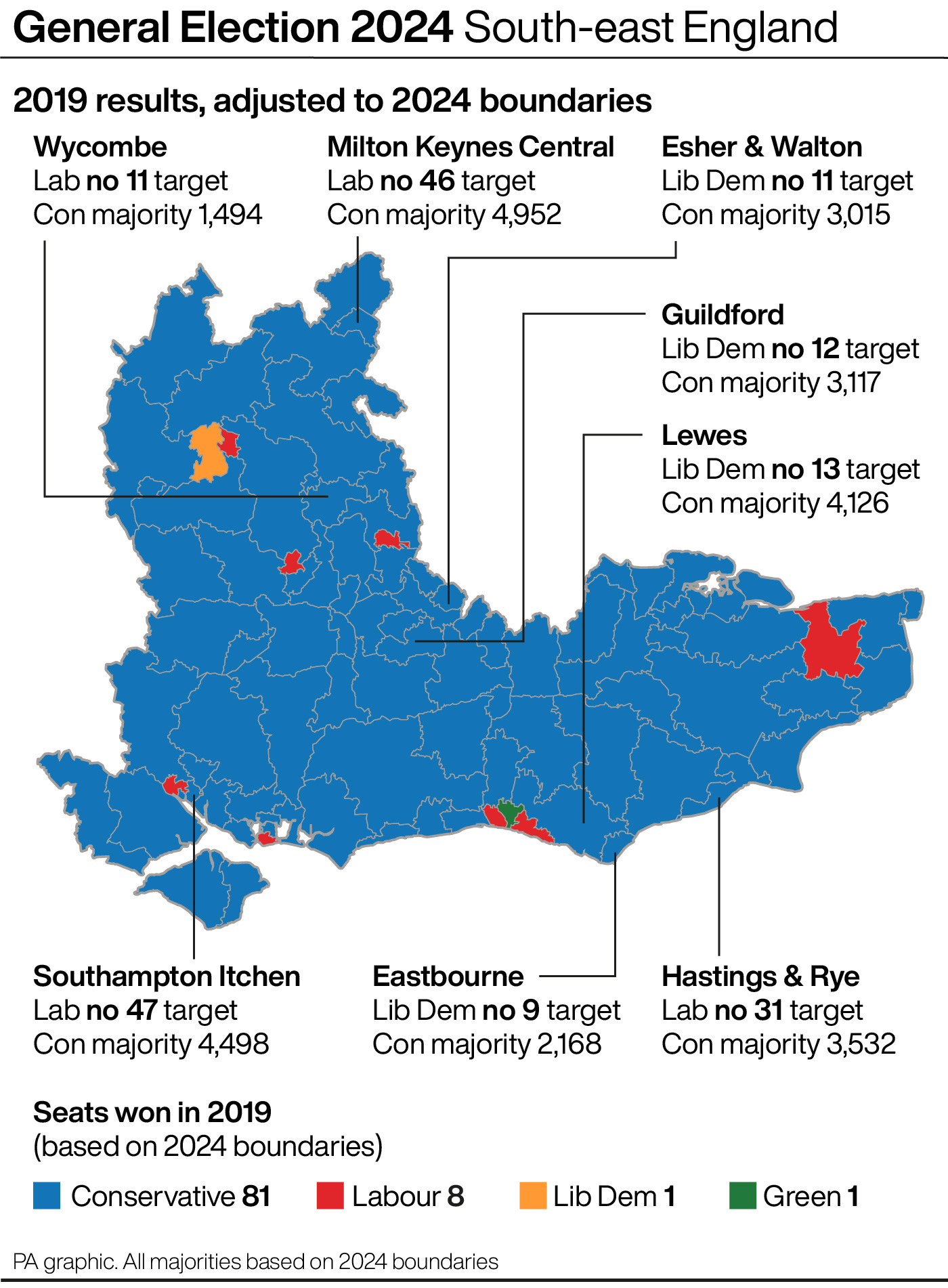 A map showing key battleground seats in south-east England at the General Election
