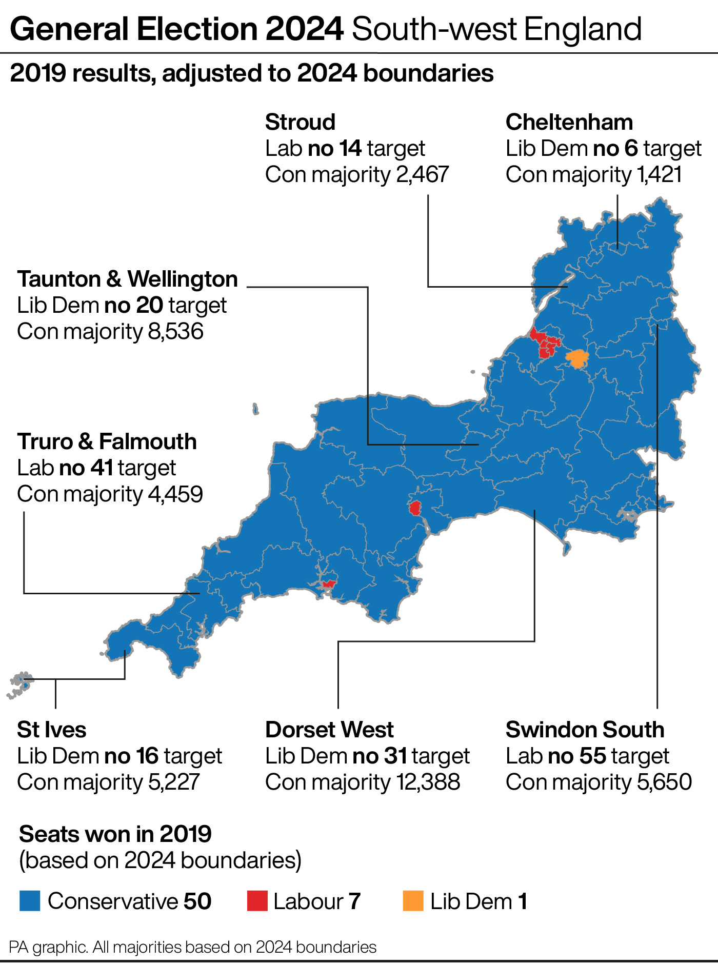 A map showing key battleground seats in south-west England at the General Election