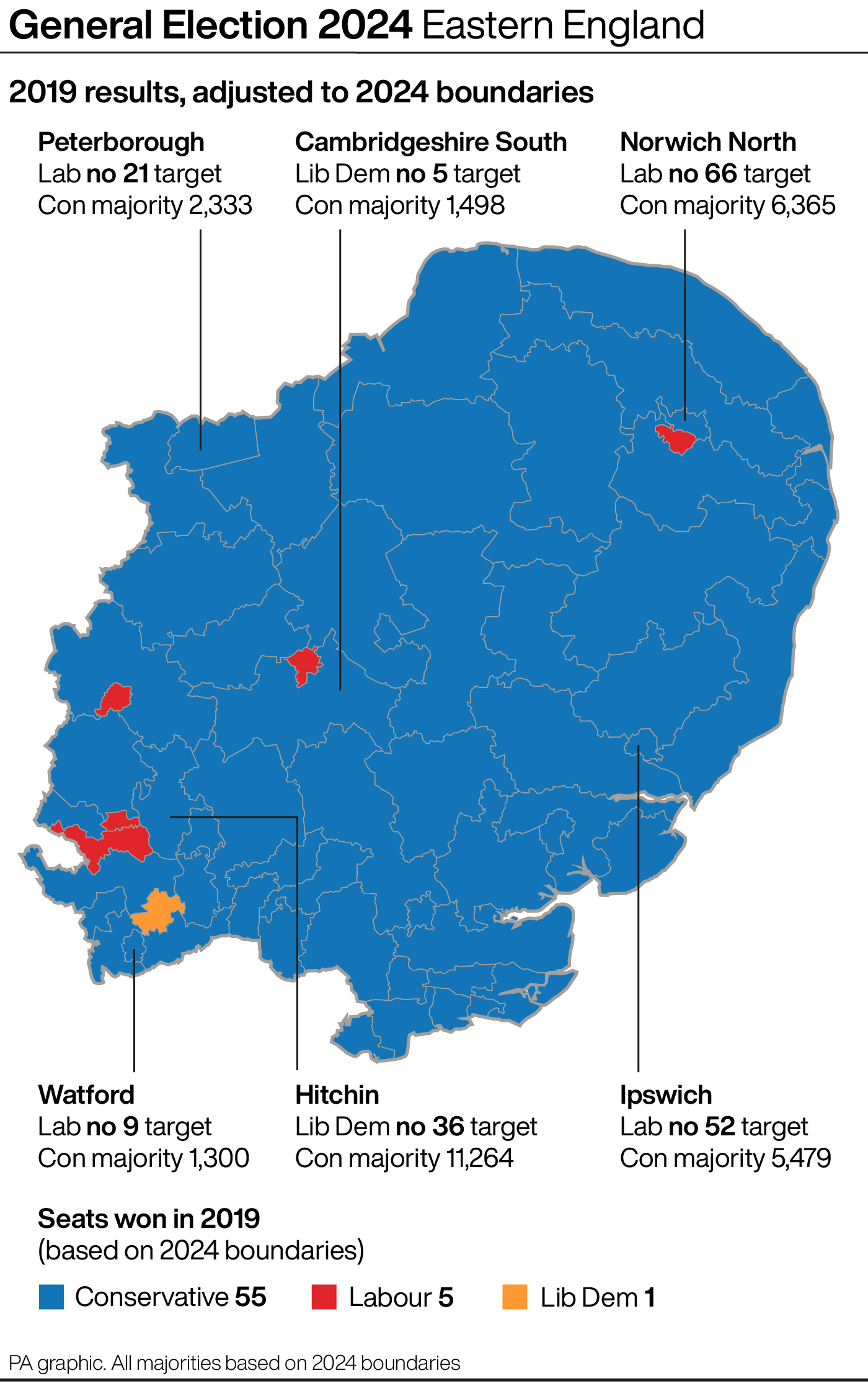 A map showing key battleground seats in Eastern England at the General Election