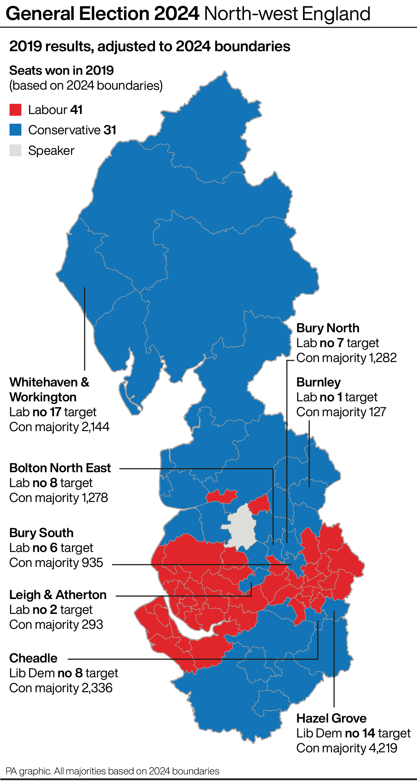 A map showing key battleground seats in north-west England at the General Election