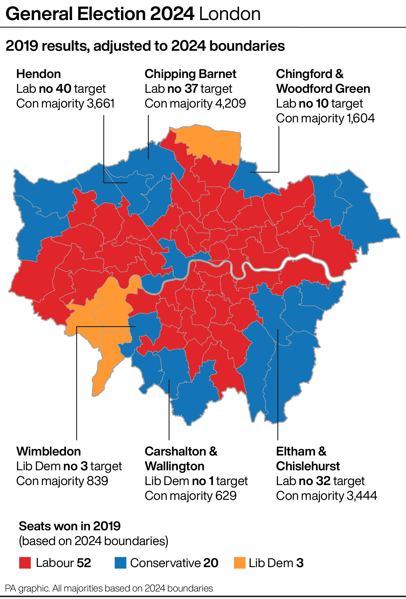A map showing key battleground seats in London at the General Election