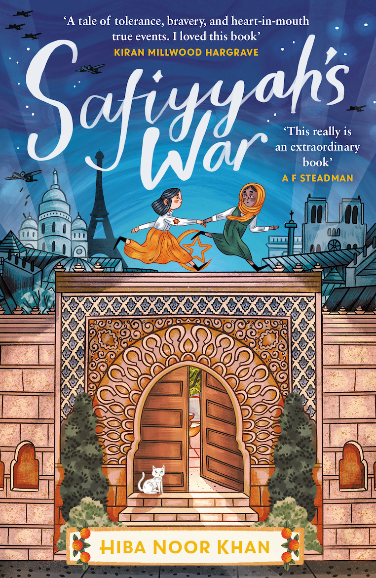 The front cover of Safiyyah's War by Hiba Noor Khan, which is in the design of two women running along a building roof against a Paris landscape