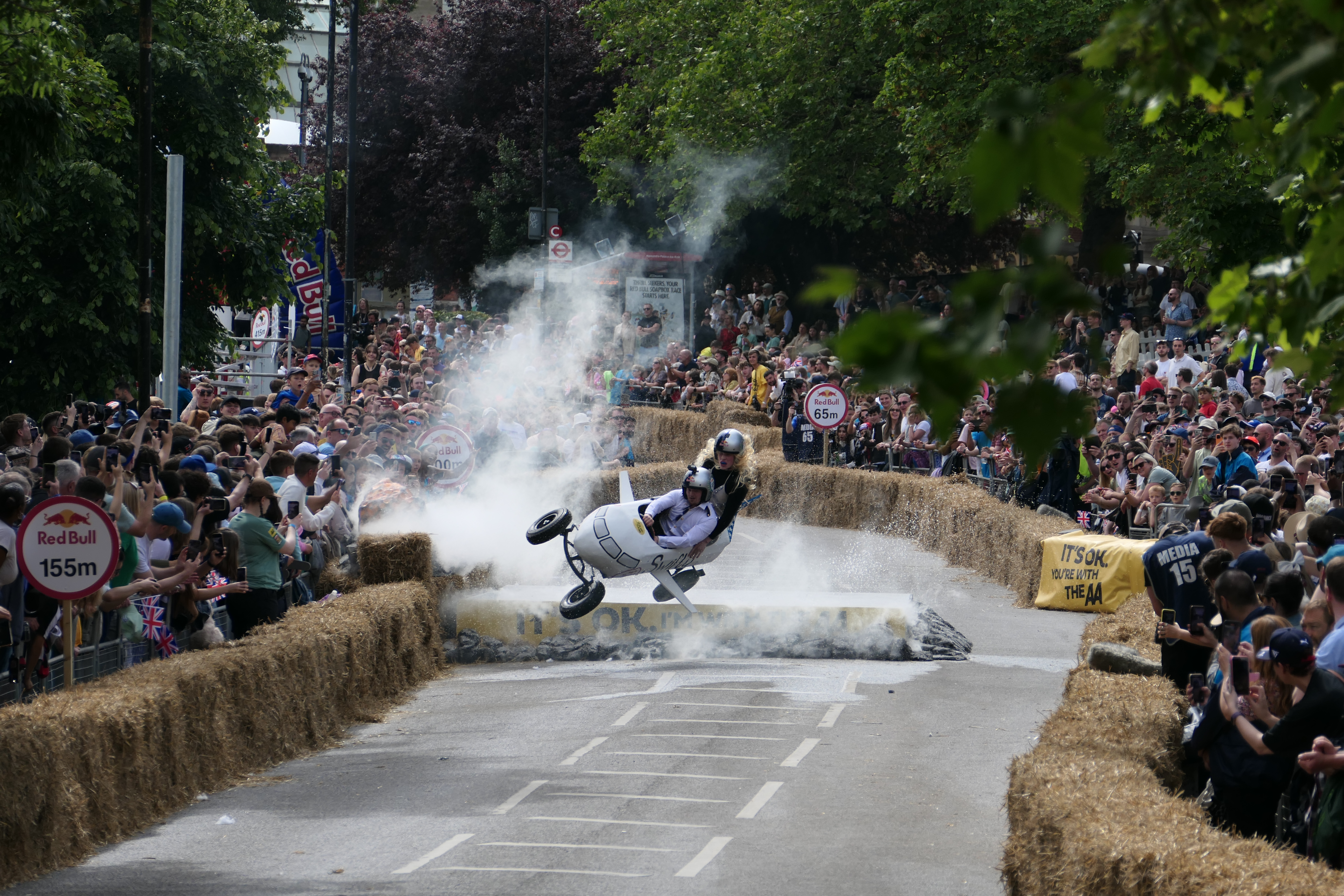 The Swifty Air soapbox in mid air after jumping over a ramp during its run on the course