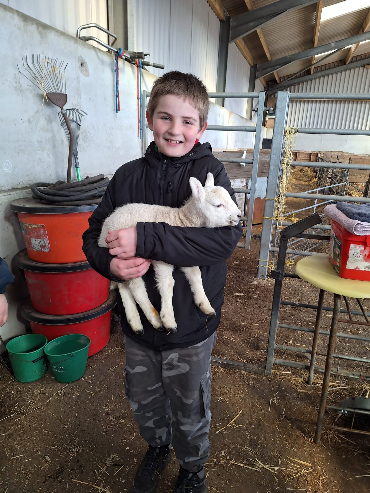 Kyle holding a lamb in a barn