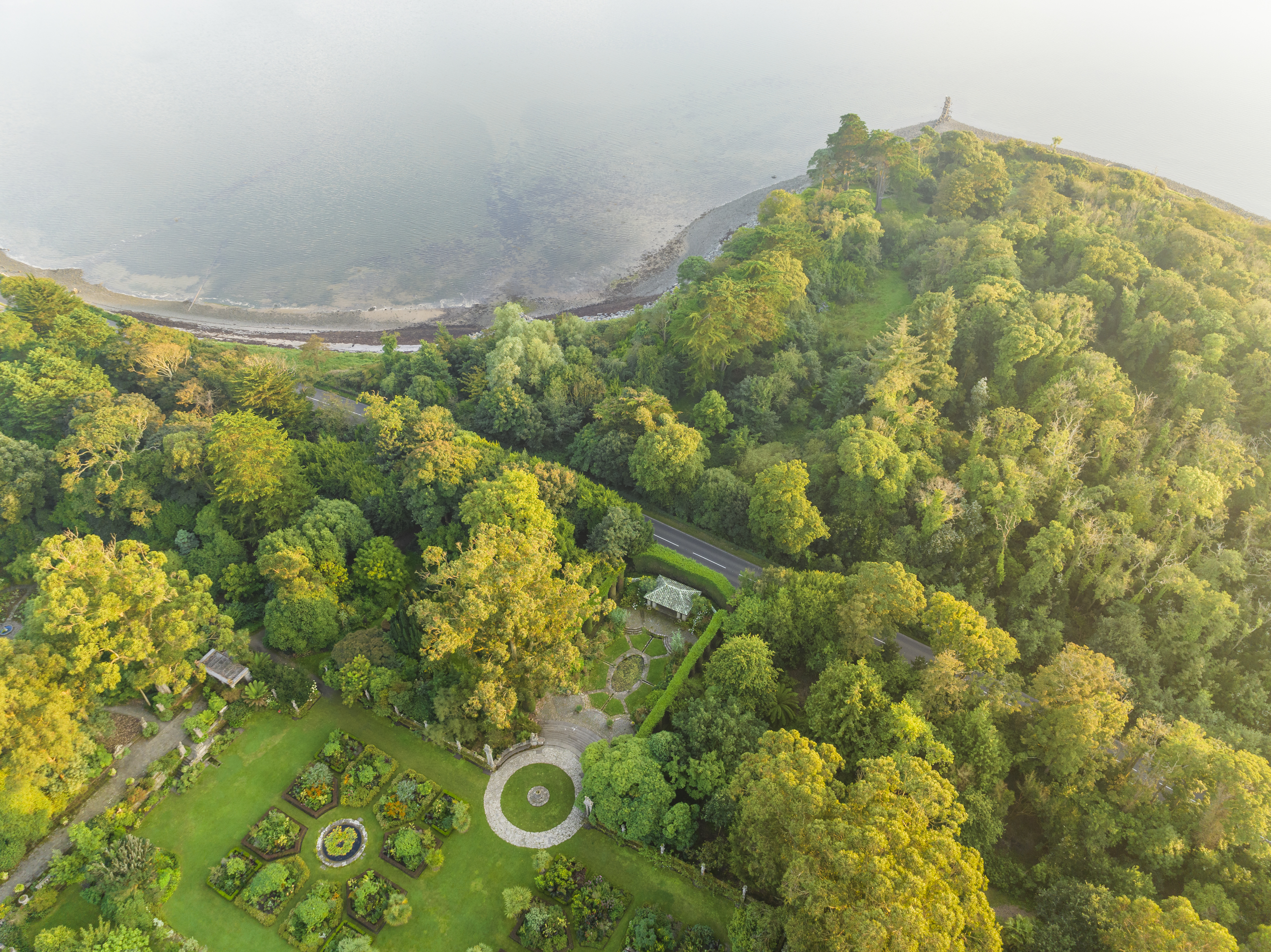 Aerial view of Mount Stewart garden showing its proximity to Strangford Lough (