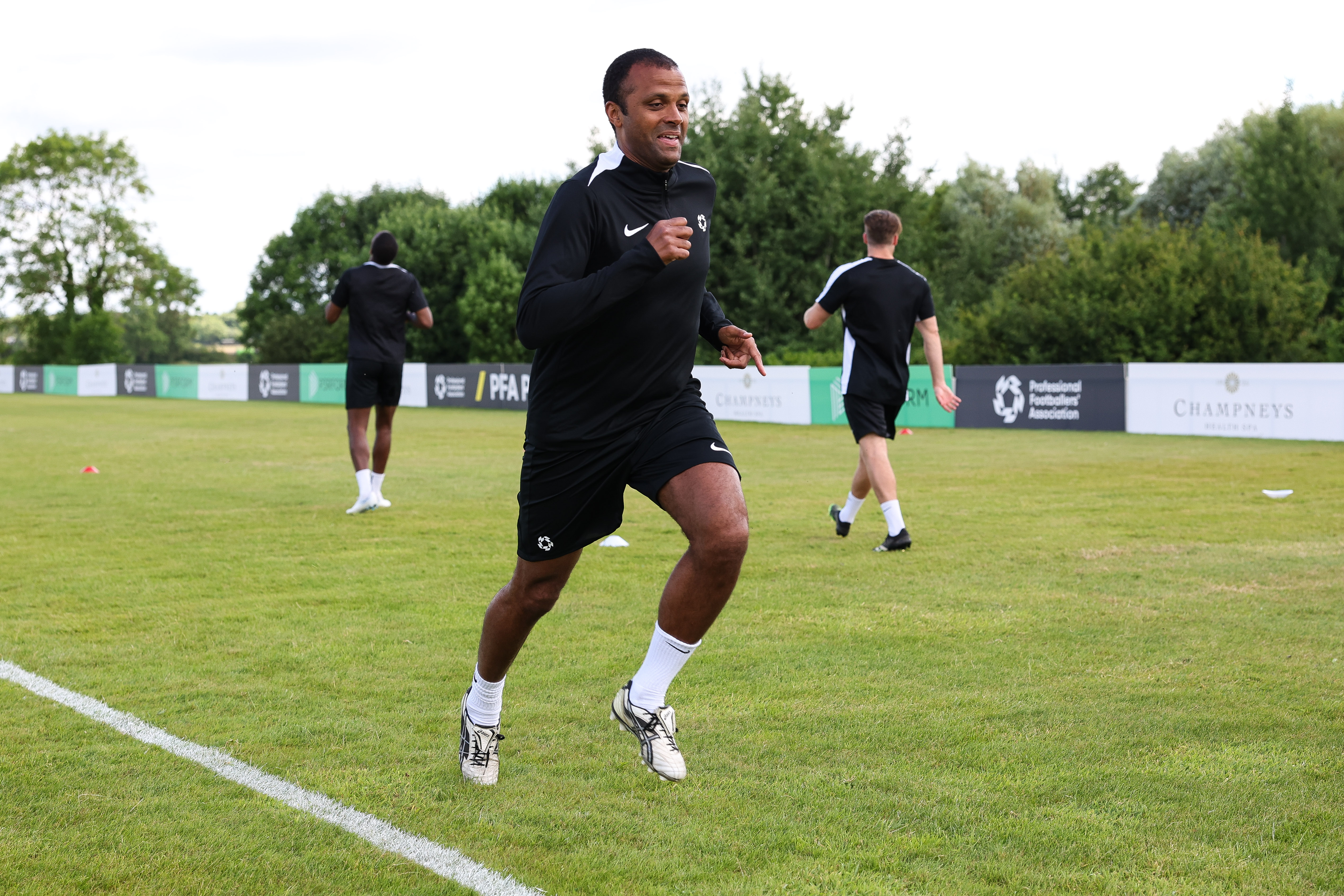 PFA chief executive Maheta Molango joins in a training session at a camp for out-of-contract players in Leicestershire