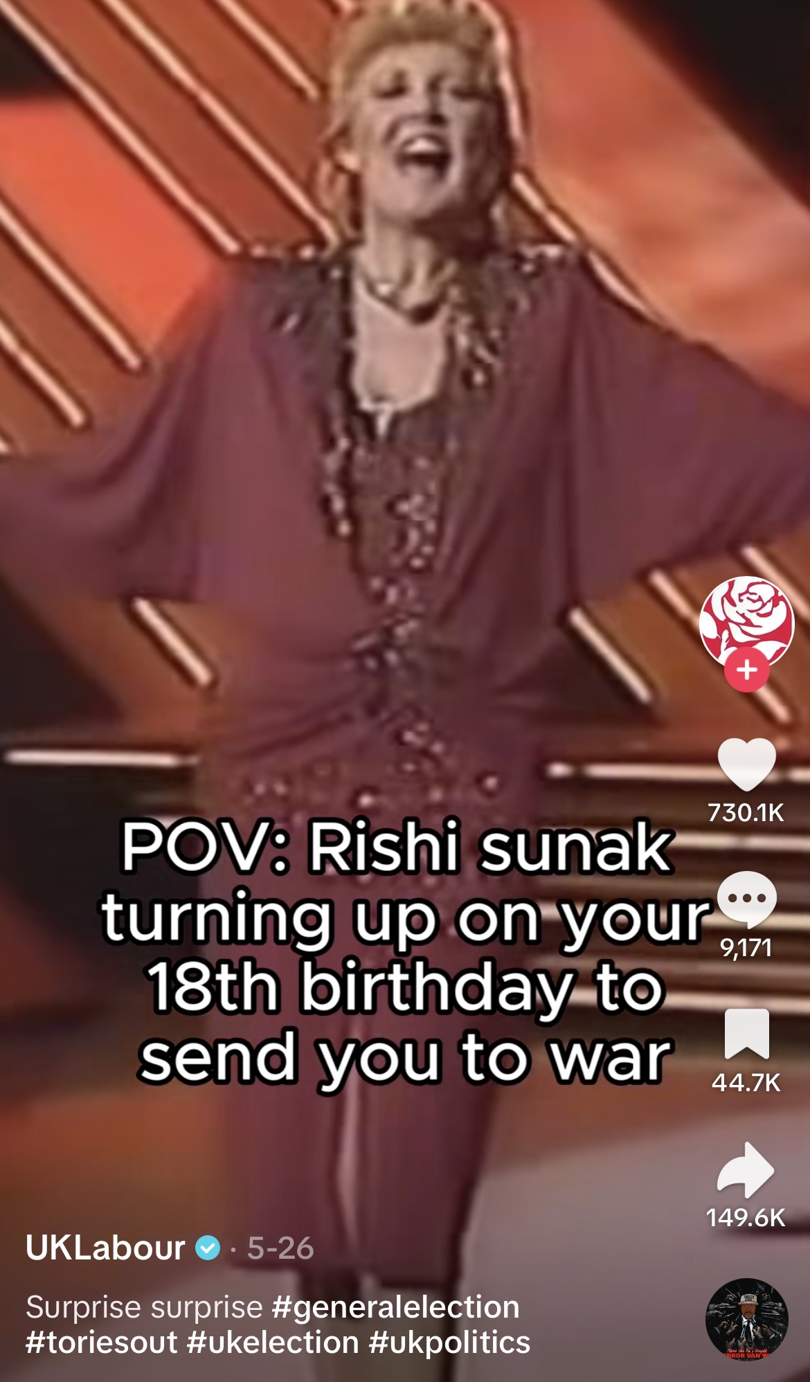 A screenshot from the Labour Party's official TikTok page of a video of Cilla Black singing Surprise! Surprise! with a caption reading 'POV: Rishi Sunak turning up on your 18th birthday to send you to war'