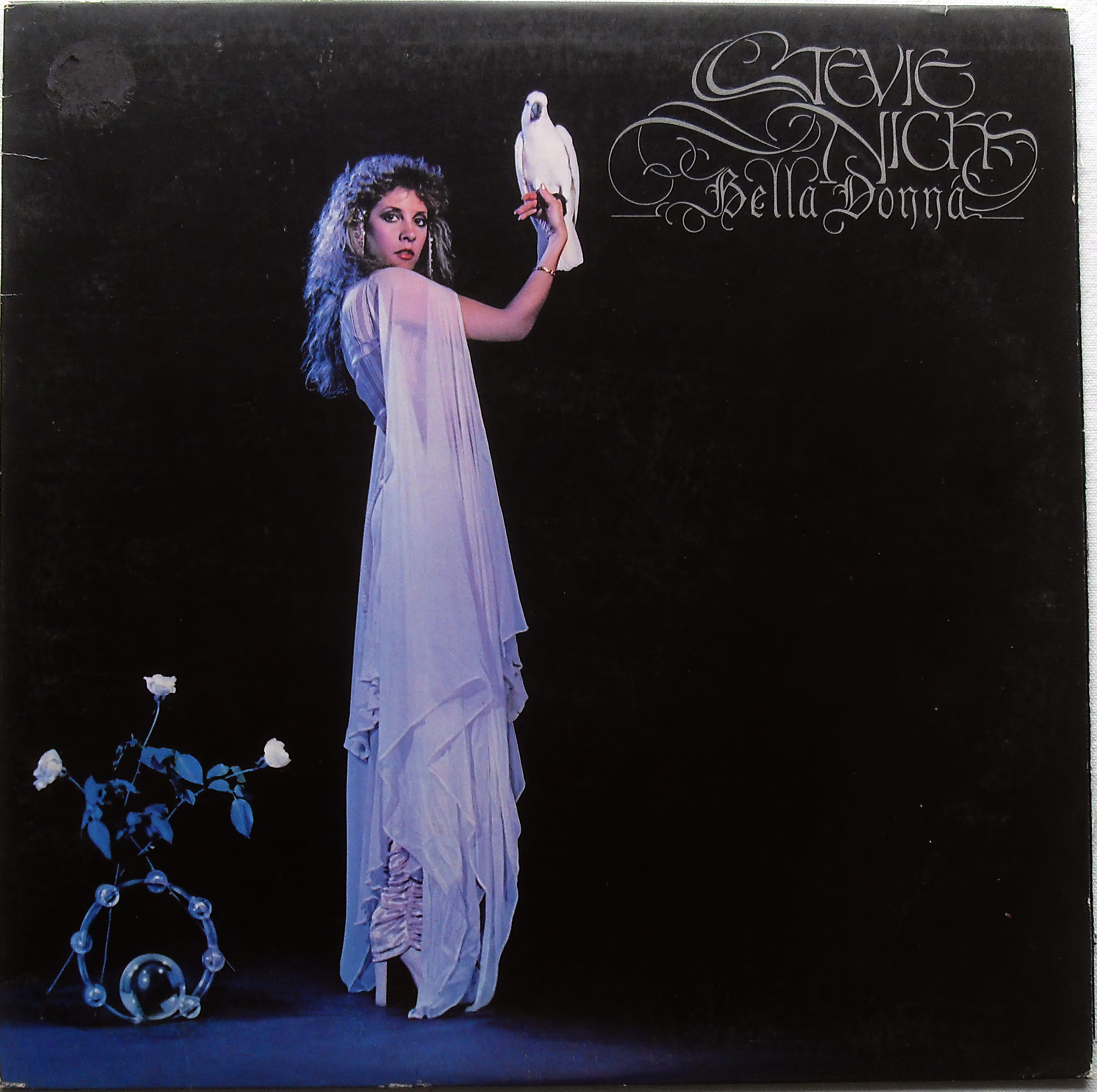 Stevie Nicks stands in white mesh flowing gown on Eighties album cover for Bella Donna 