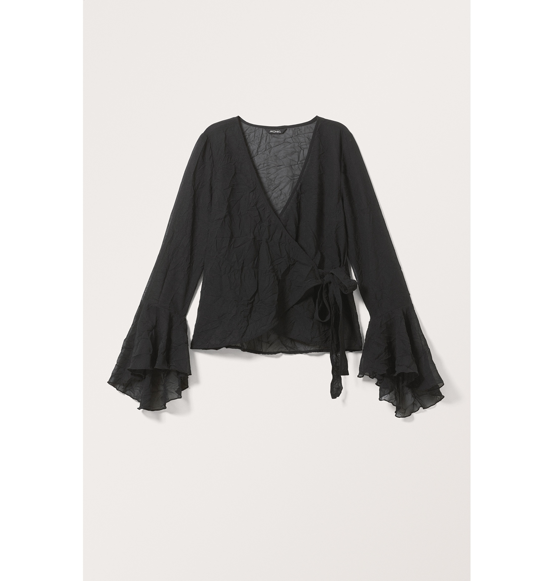 Black mesh wrap top with fluted sleeves
