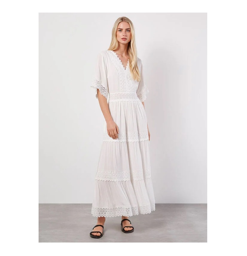 Model wears white capped sleeve lace trim midi length dress
