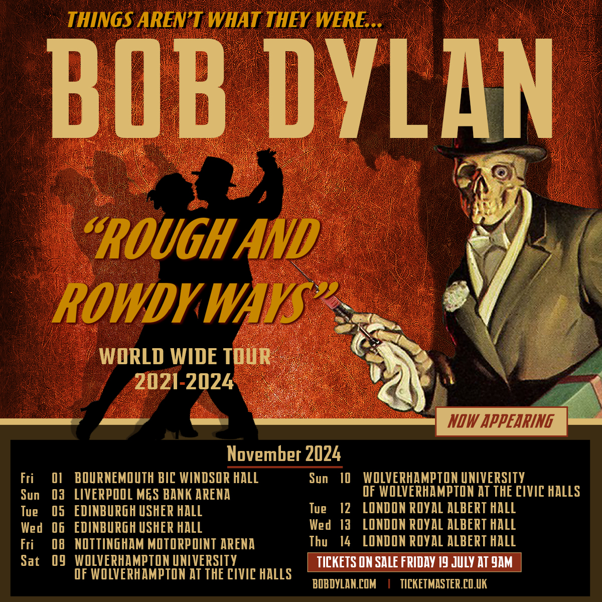 Tour poster from Bob Dylan's 2024 UK tour