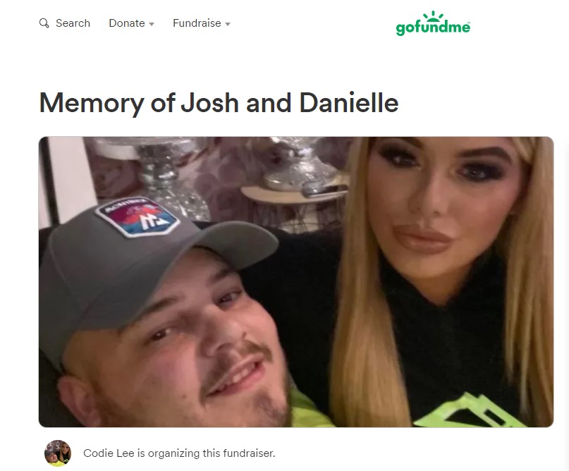 Screenshot of a GoFundMe page showing a selfie of a couple and the title 'Memory of Josh and Danielle'