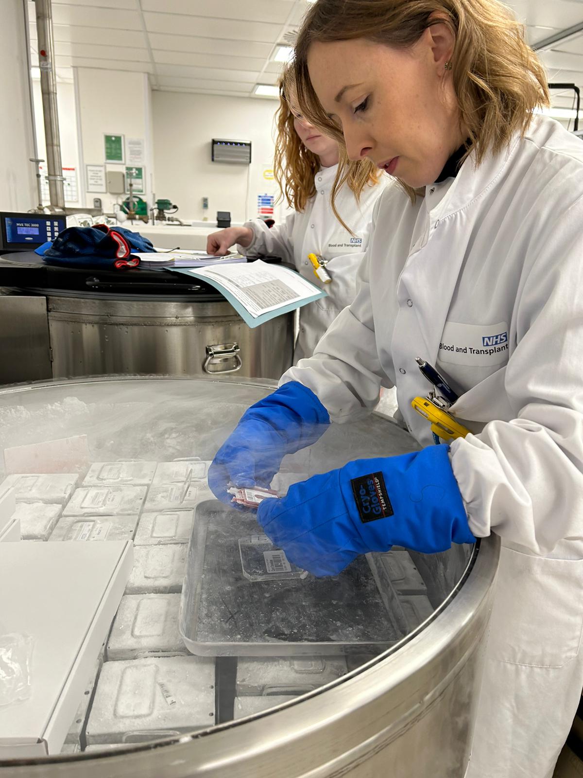 NHSBT staff getting frozen cord blood cells out of storage 