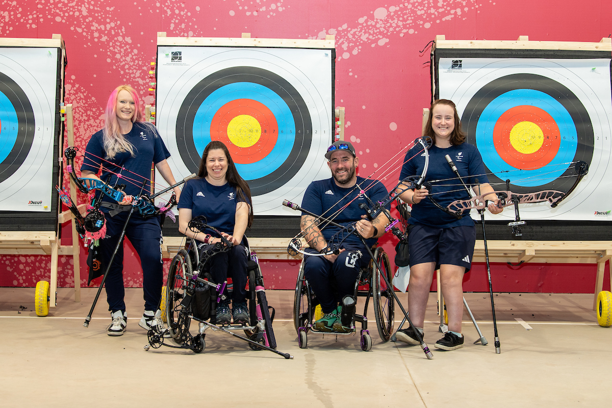 British archers Jodie Grinham, Victoria Kingstone, Nathan MacQueen and Phoebe Paterson Pine, left to right, following their selections for the Paris Paralympics