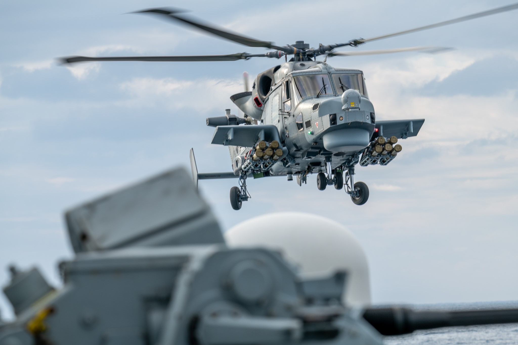 A Royal Navy Wildcat helicopter equipped with the Martlet missile system