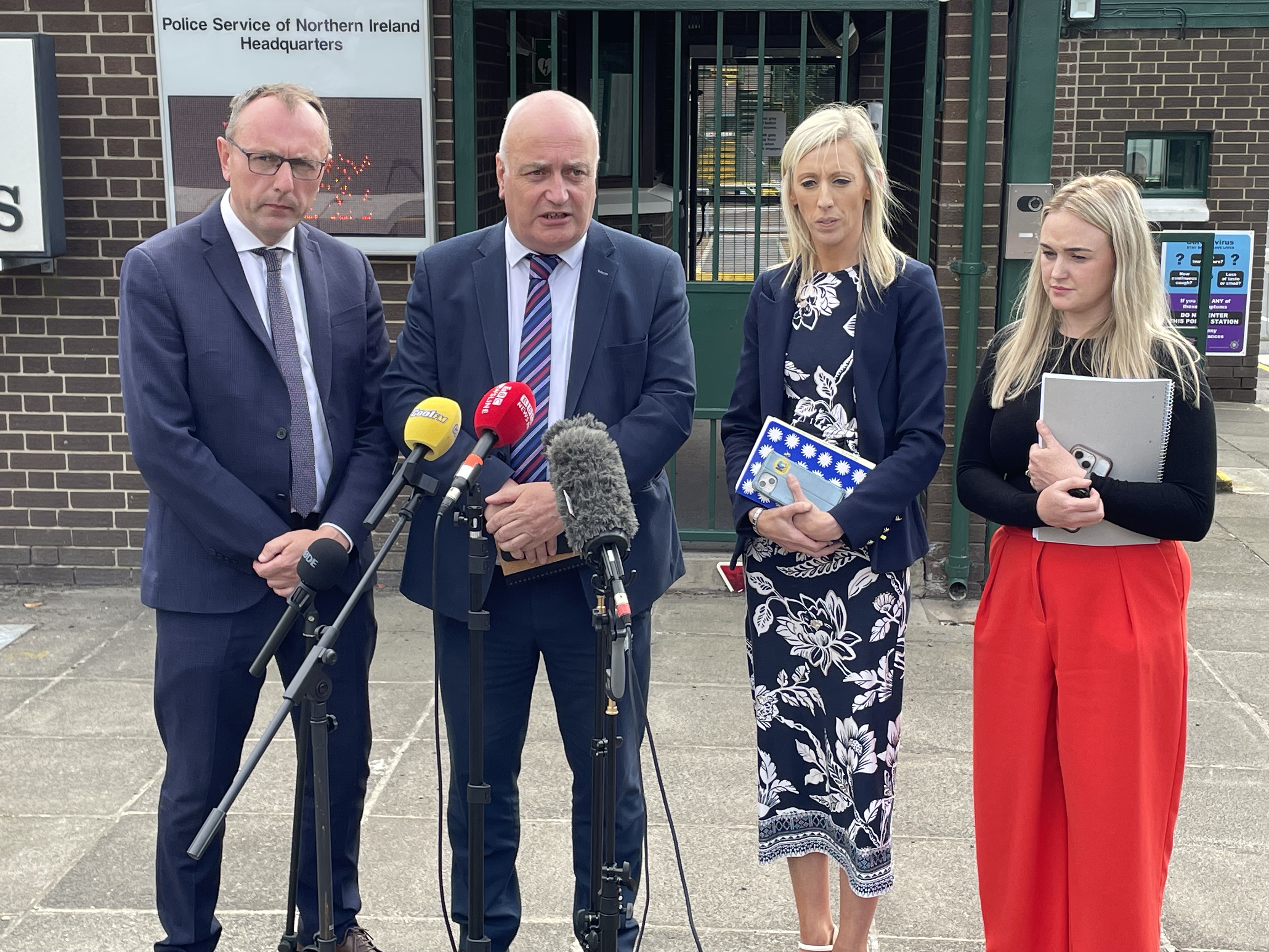 DUP MLAs Keith Buchanan, Trevor Clarke, Upper Bann MP Carla Lockhart and MLA Cheryl Brownlee speak to media after a meeting with police