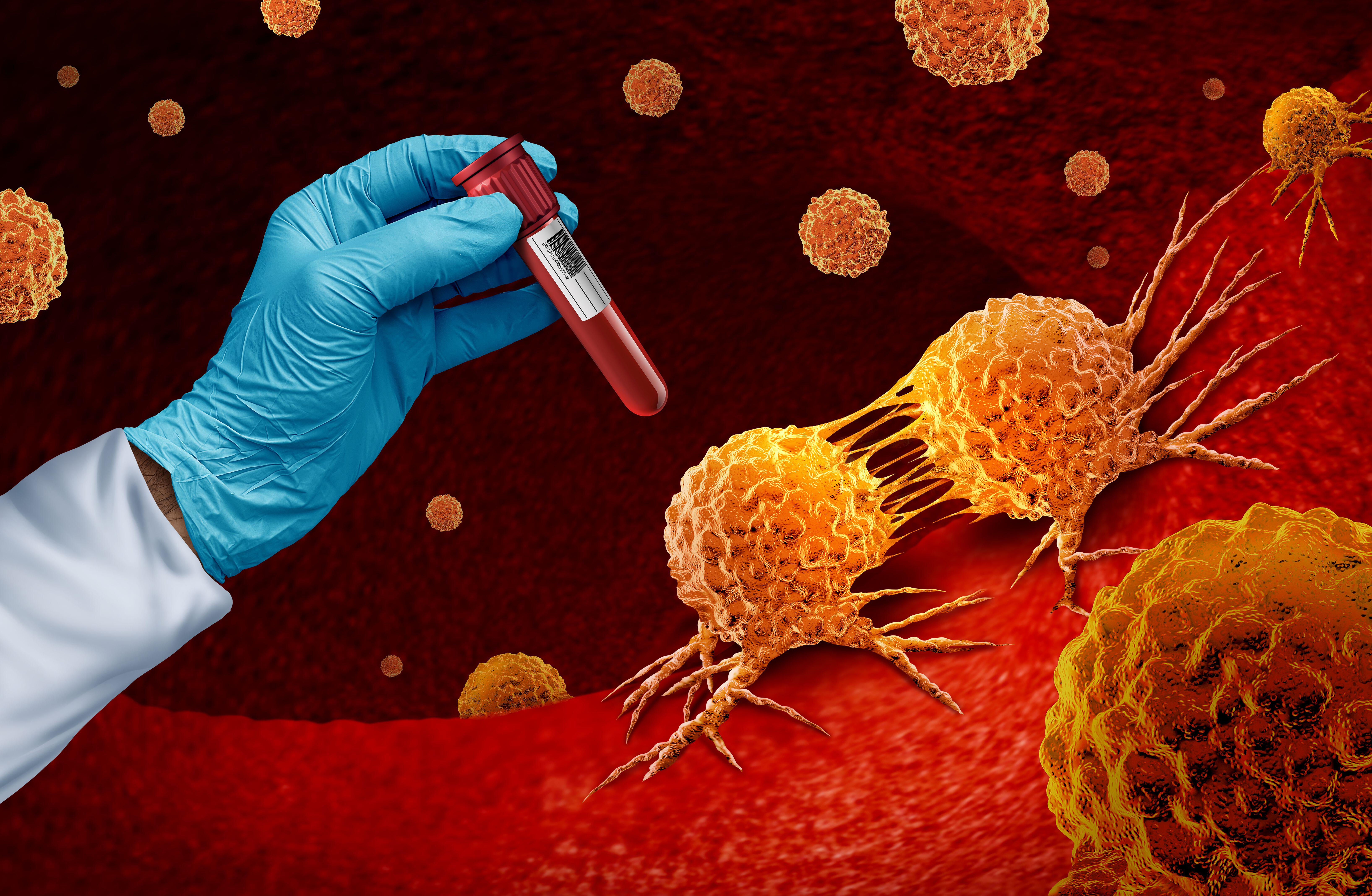 Doctor holding a blood test tube infront of a diagram of blood cells and DNA