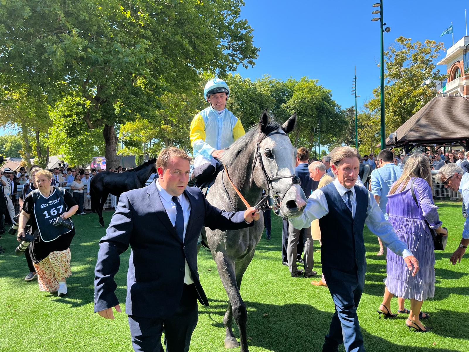 A big smile from Silvestre de Sousa as he returns aboard Charyn in Deauville