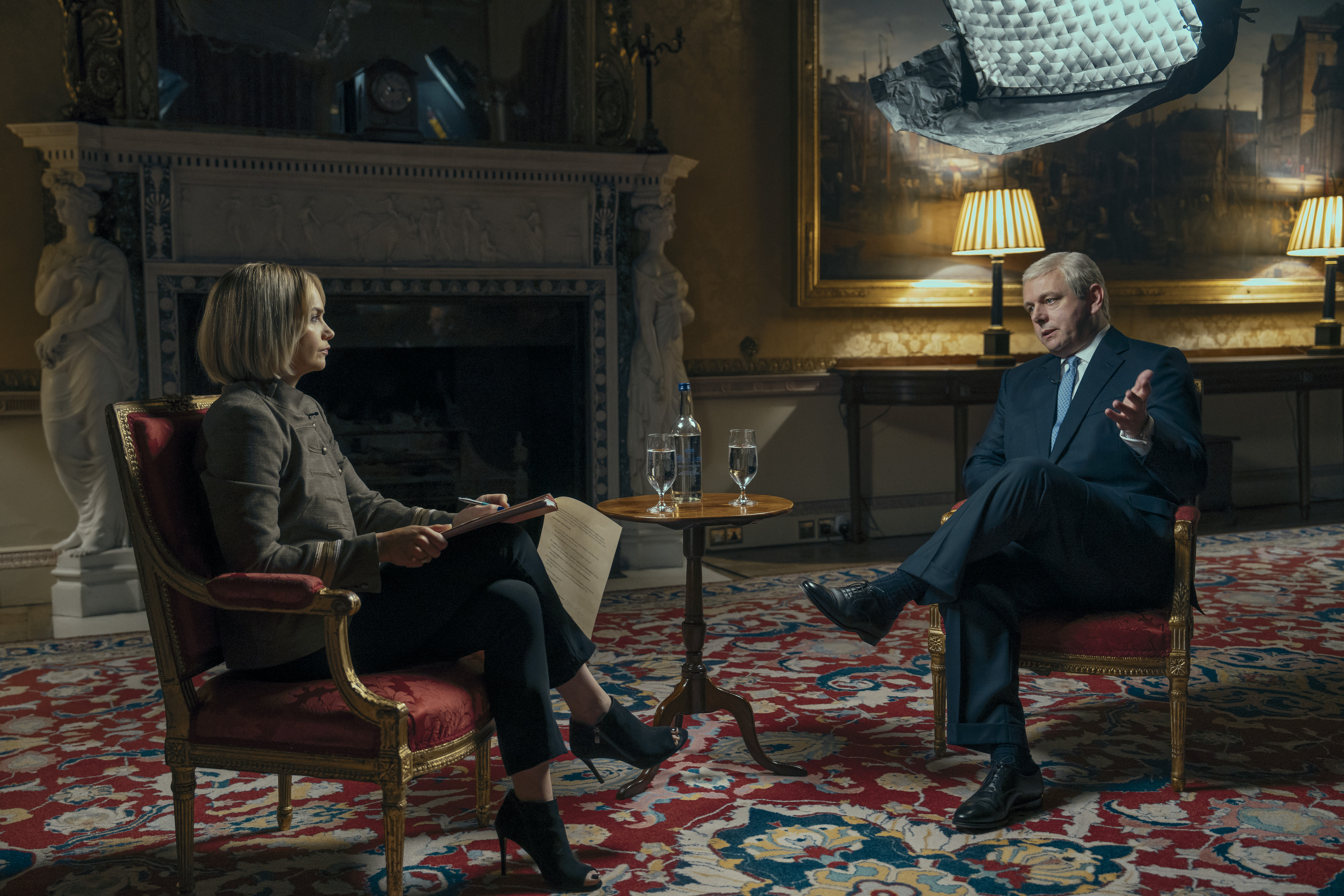 Ruth Wilson and Michael Sheen in character as Emily Maitlis and the Duke of York