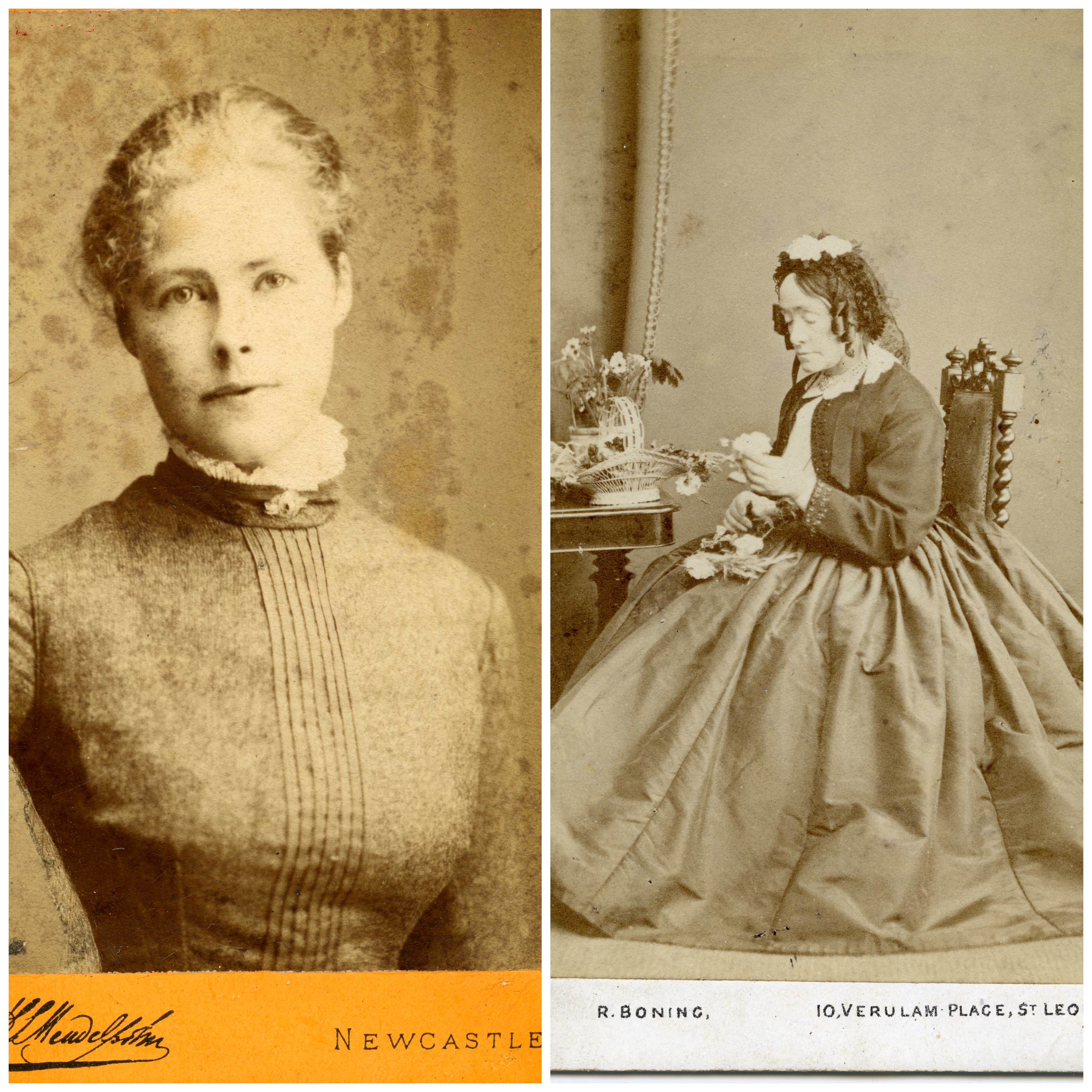 Composite of calling cards showing Sarah Backhouse, left, looking straight at camera, and Anne Pratt seated by table 