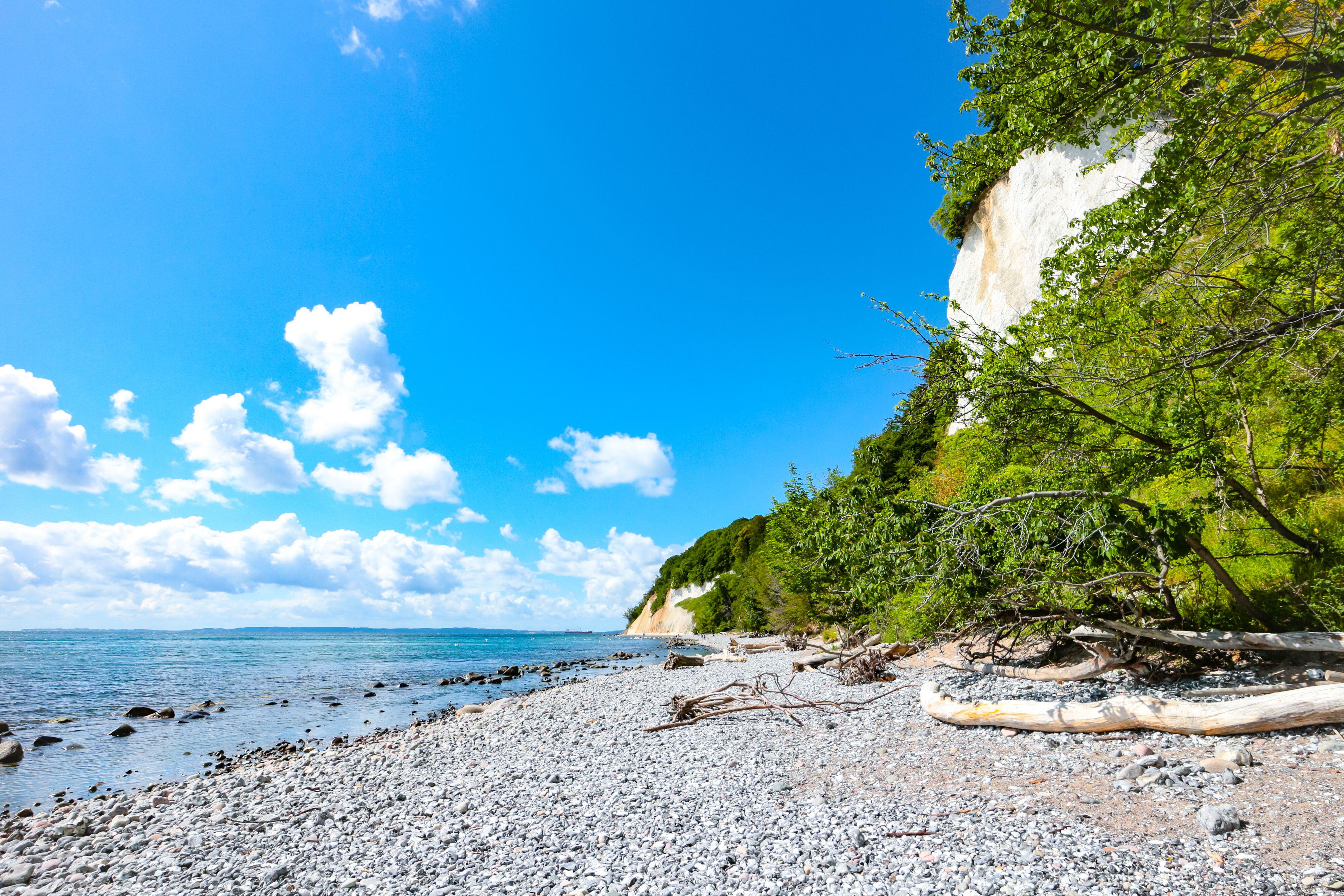 Pebble beach and chalk cliffs at Piratenschlucht (pirate gorge) beach in Rügen Island, Germany 