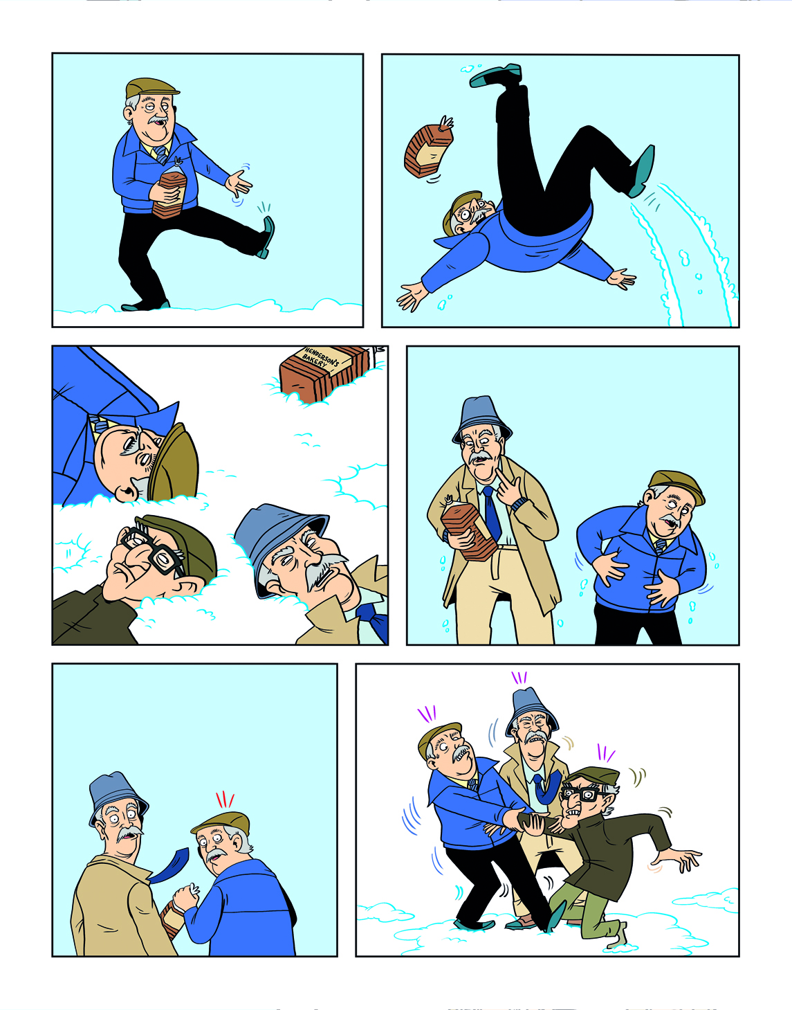 A cartoon with Still Game characters slipping on the ice