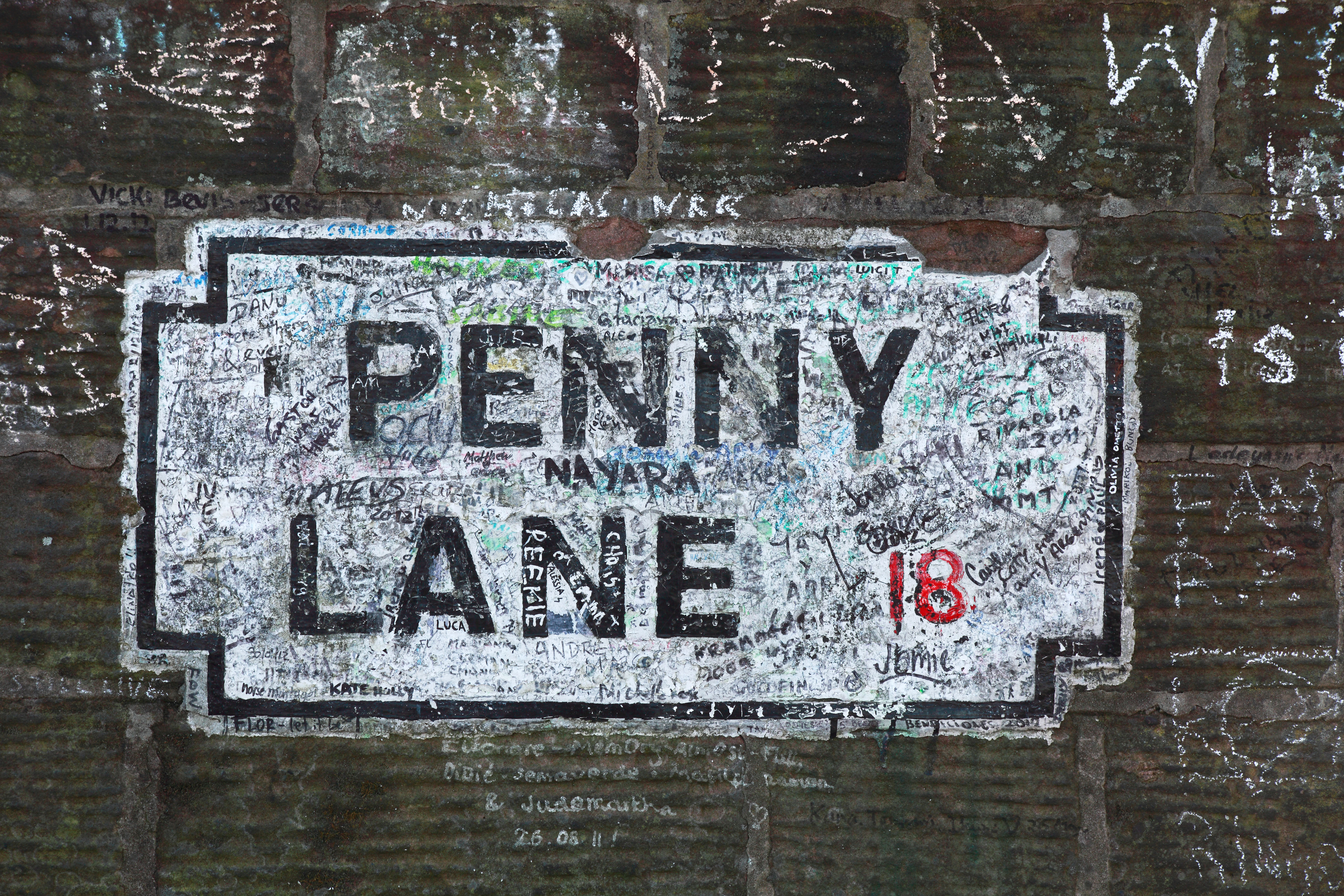 Painted 'Penny Lane' road sign in Liverpool. Made famous by The Beetles