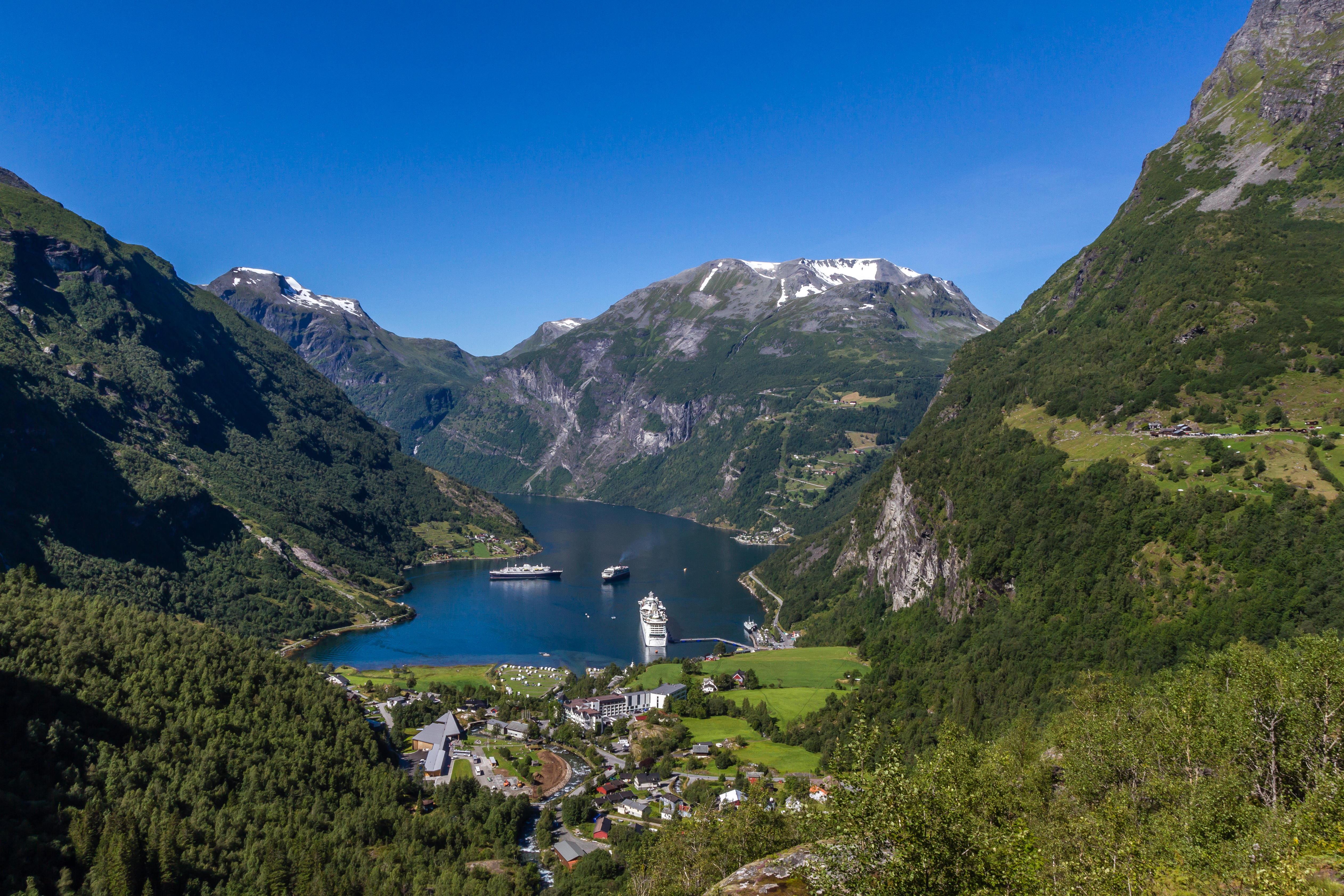 An aerial view of Geiranger fjord