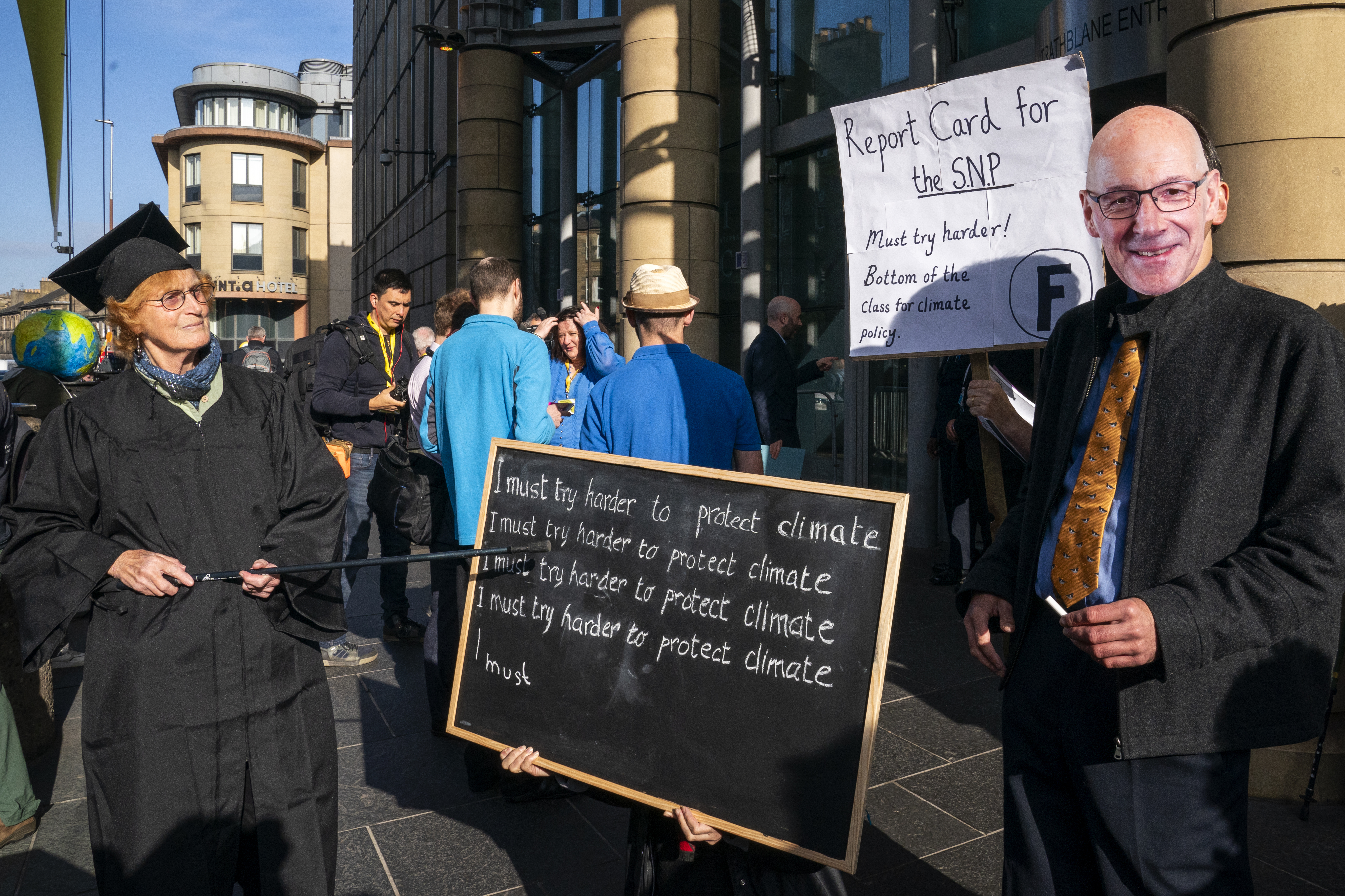 Climate protesters gathered outside the Edinburgh International Conference Centre as the SNP conference got under way