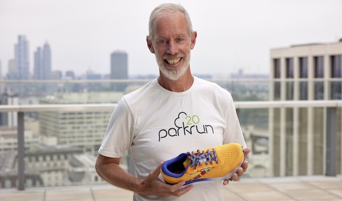 Paul Sinton-Hewitt with the Brooks Ghost 16 parkrun trainers created to celebrate the event's 20th anniversary