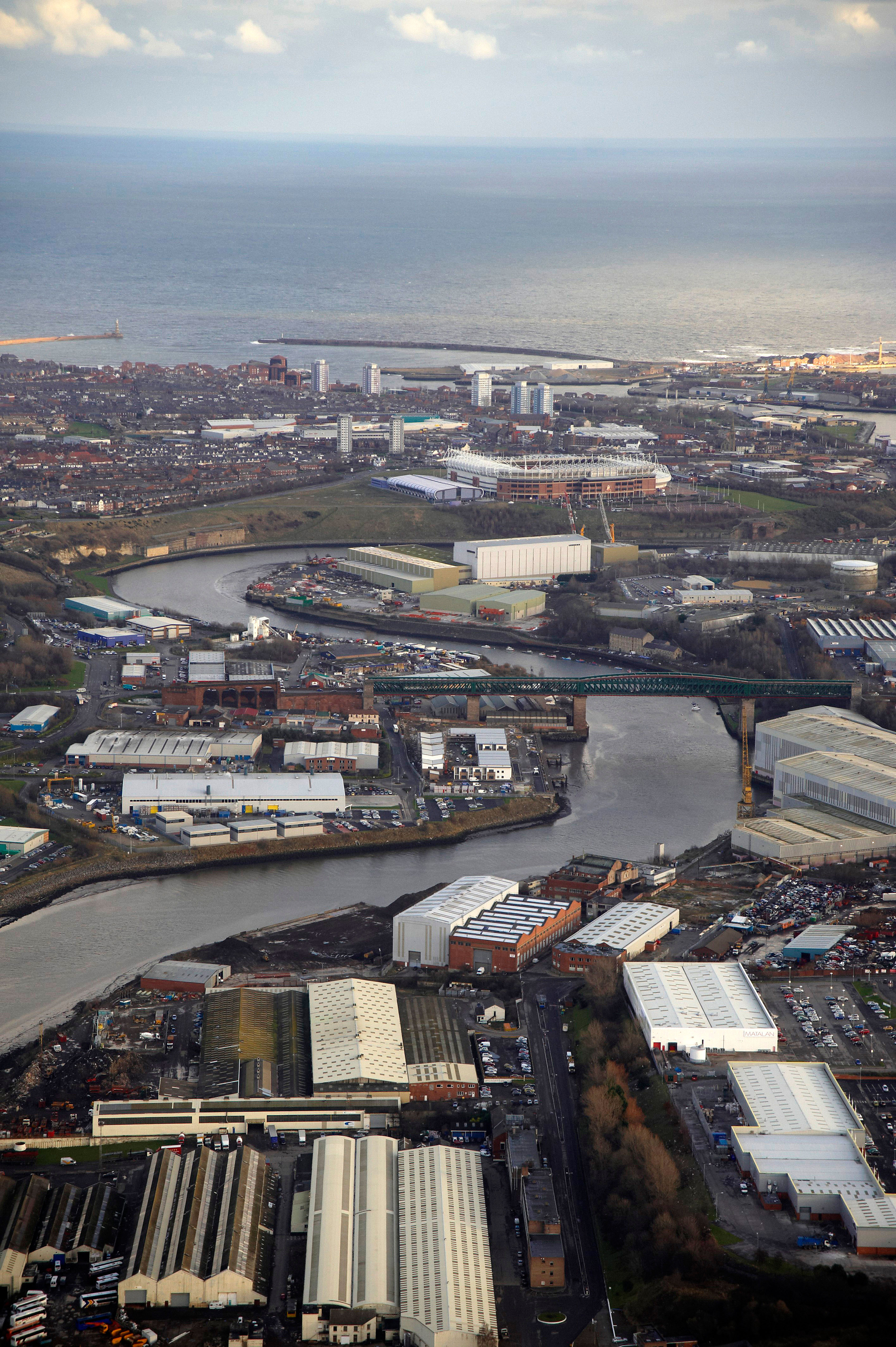 Sunderland and the River Weir, North East England. Looking down river to the North Sea with the Stadium of Light. Image shot 01/2009. Exact date unknown.