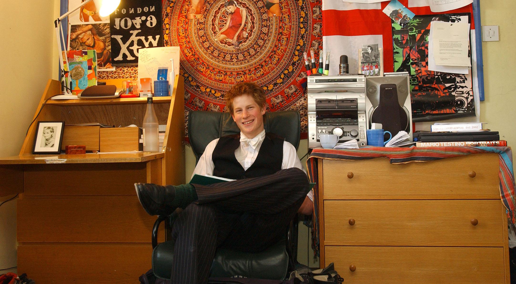 Harry, 18, in his room at Eton College, ahead of completing his A-Levels in 2003