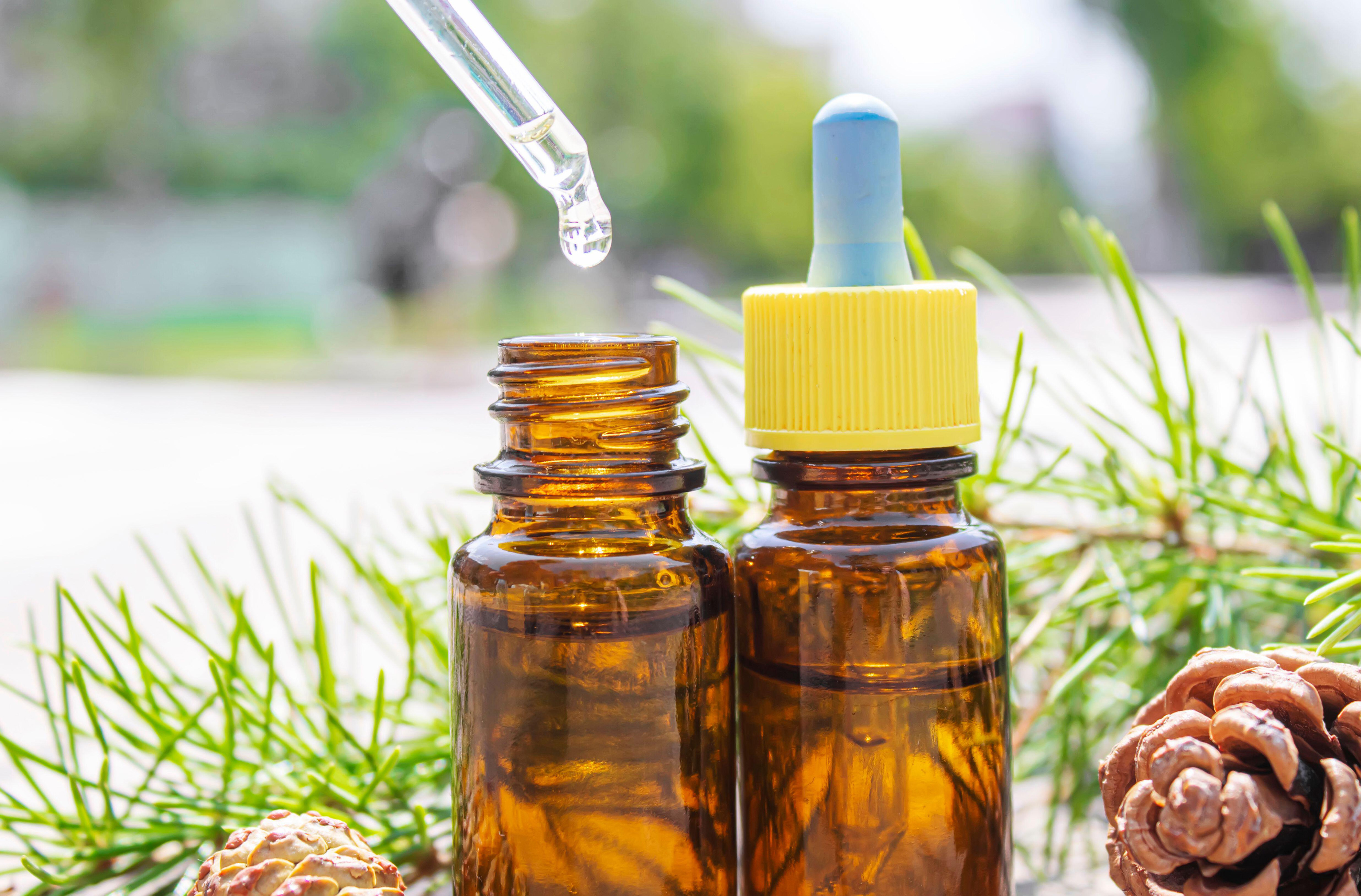 Cedar and spruce essential oil in small glass bottles 