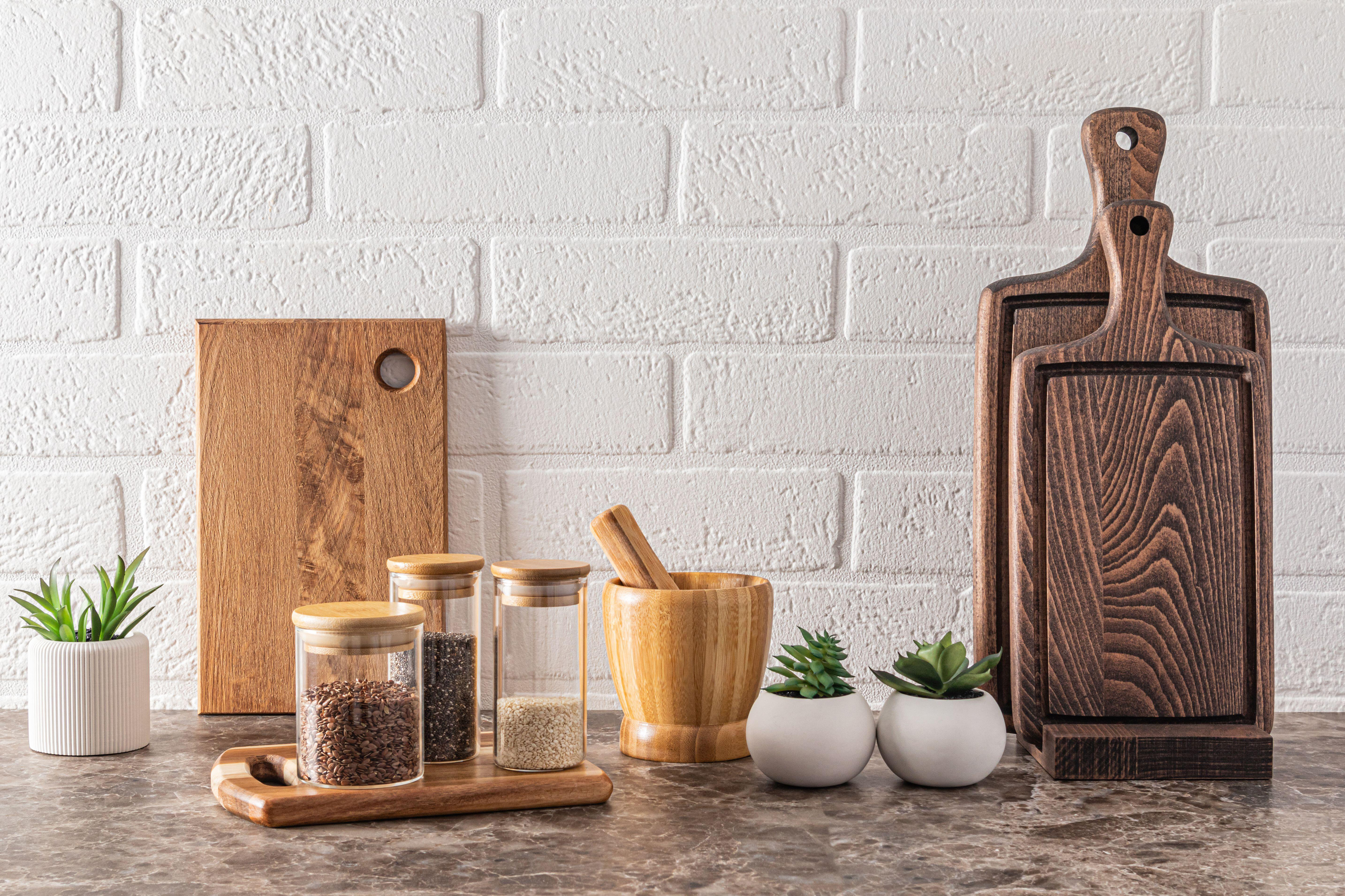 Stylish modern kitchen with eco-friendly utensils and spice storage jars